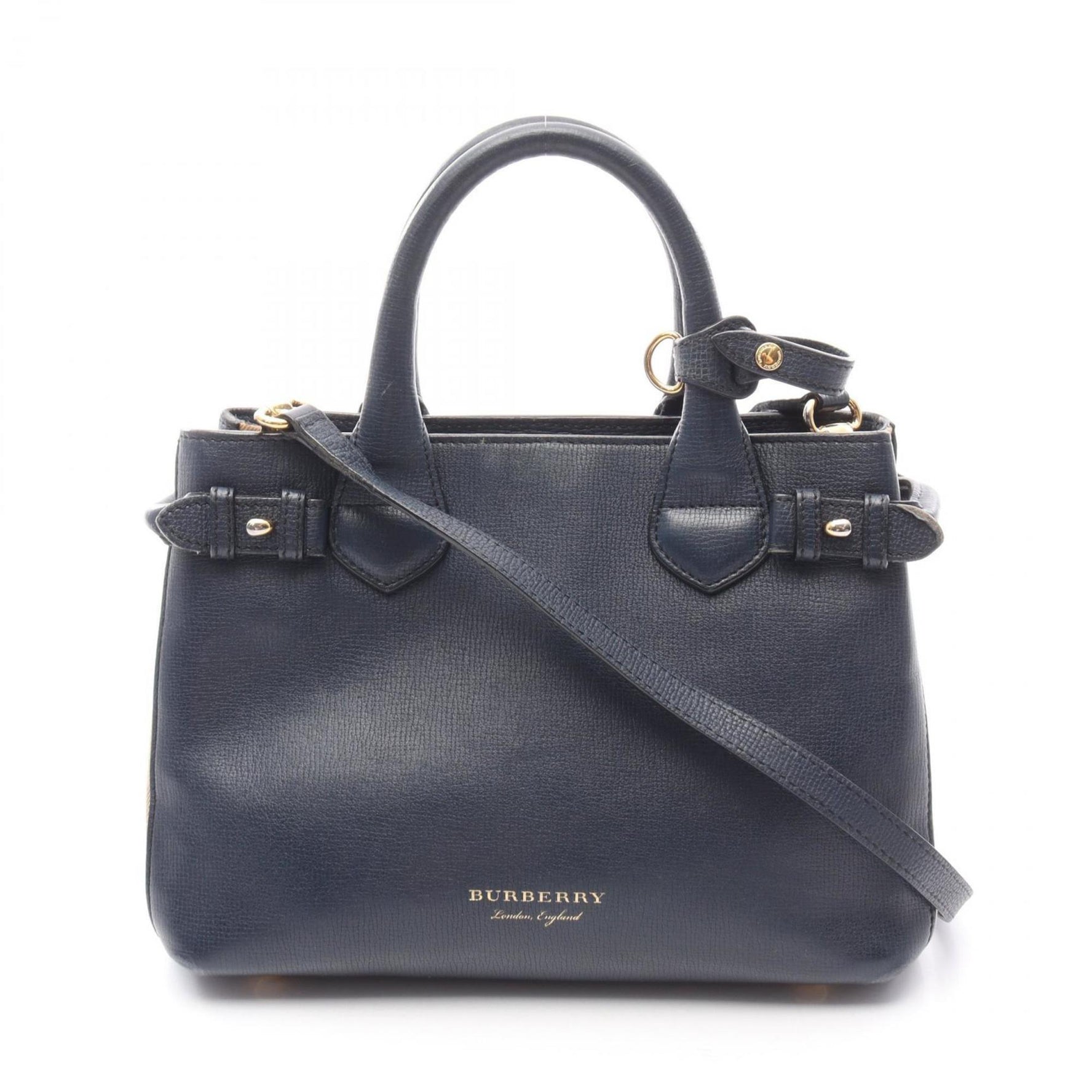 Burberry Small Banner House Check Leather Handbag, Navy, Brown, Multicolor
