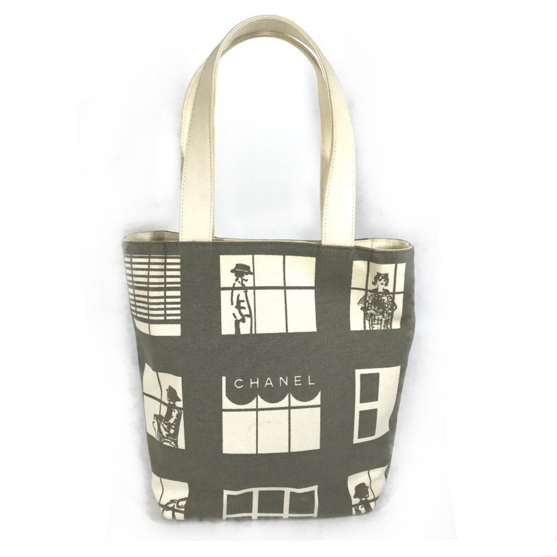 CHANEL Windows Line Handbag, Tote Bag, Shoulder Canvas, Gray x White