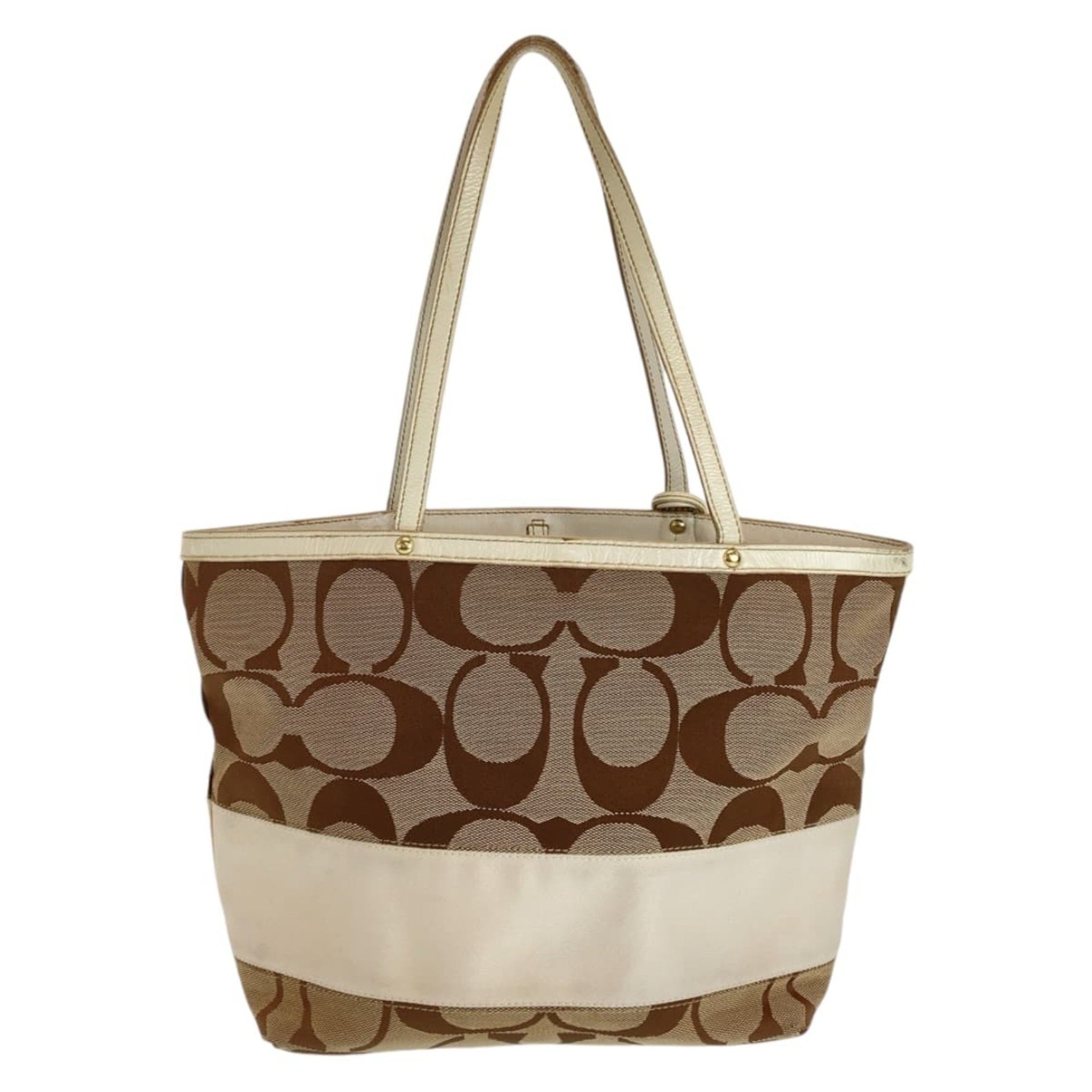 COACH Signature Brown Beige White Gold Hardware Canvas Leather Tote Bag Shoulder