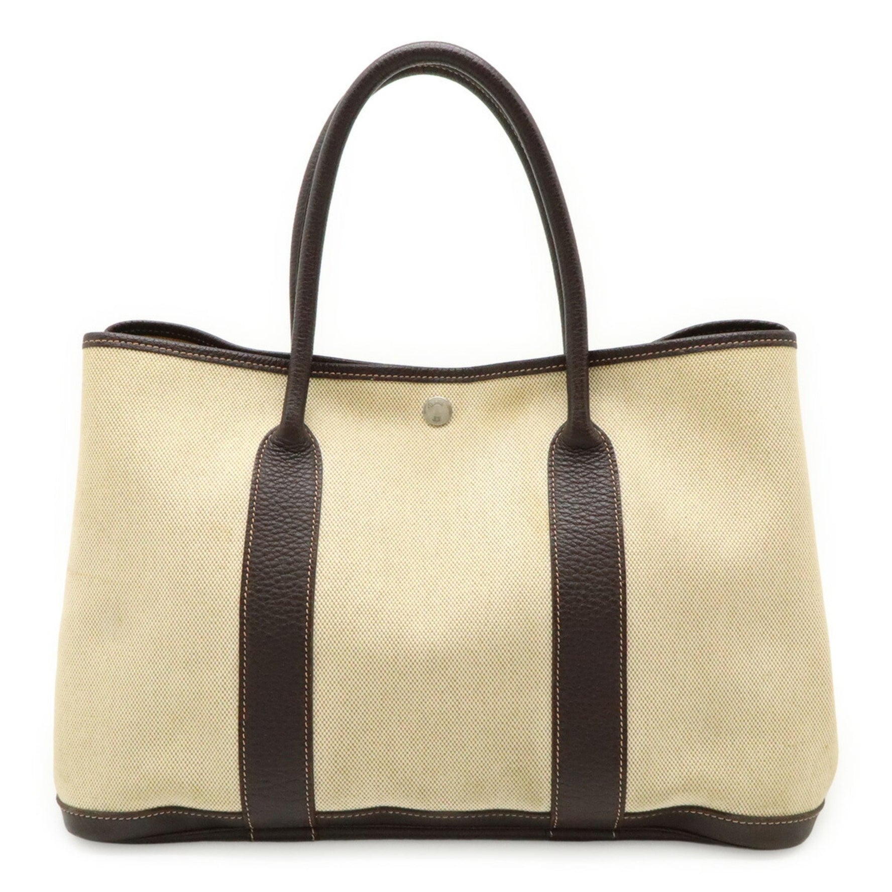 HERMES Garden PM Tote Bag, Handbag, Toile H Canvas, Beige and Dark Brown Leather, Stamp
