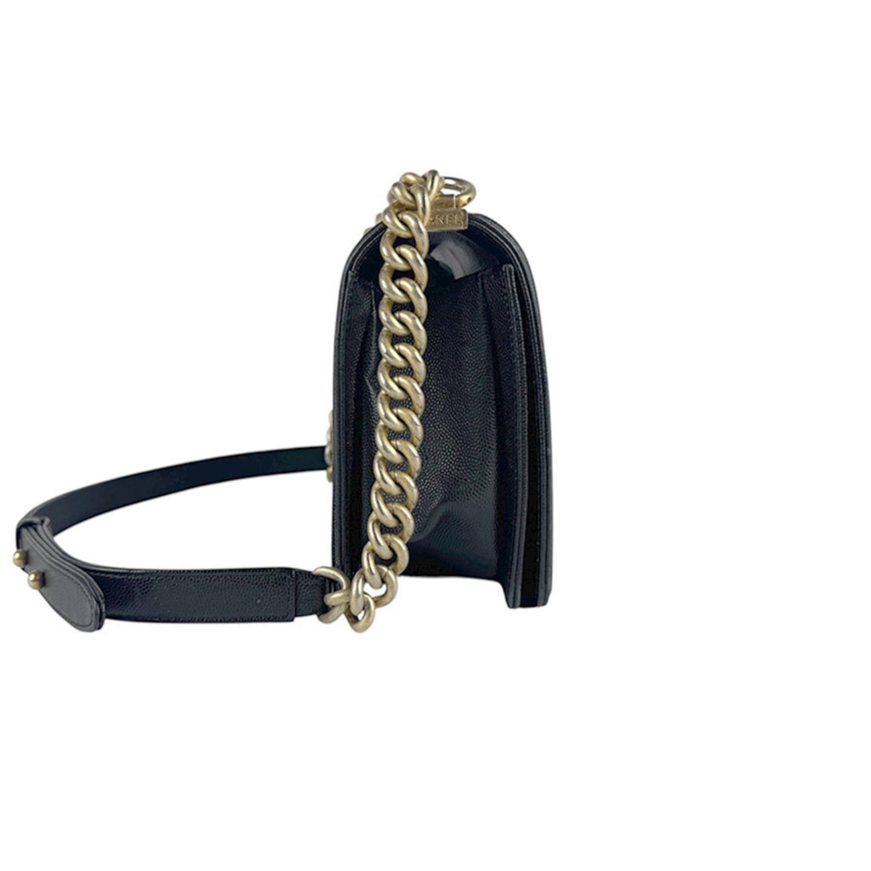 CHANEL Boy Chanel Shoulder Bag, Leather, Black and Gold, Women's, Z6512