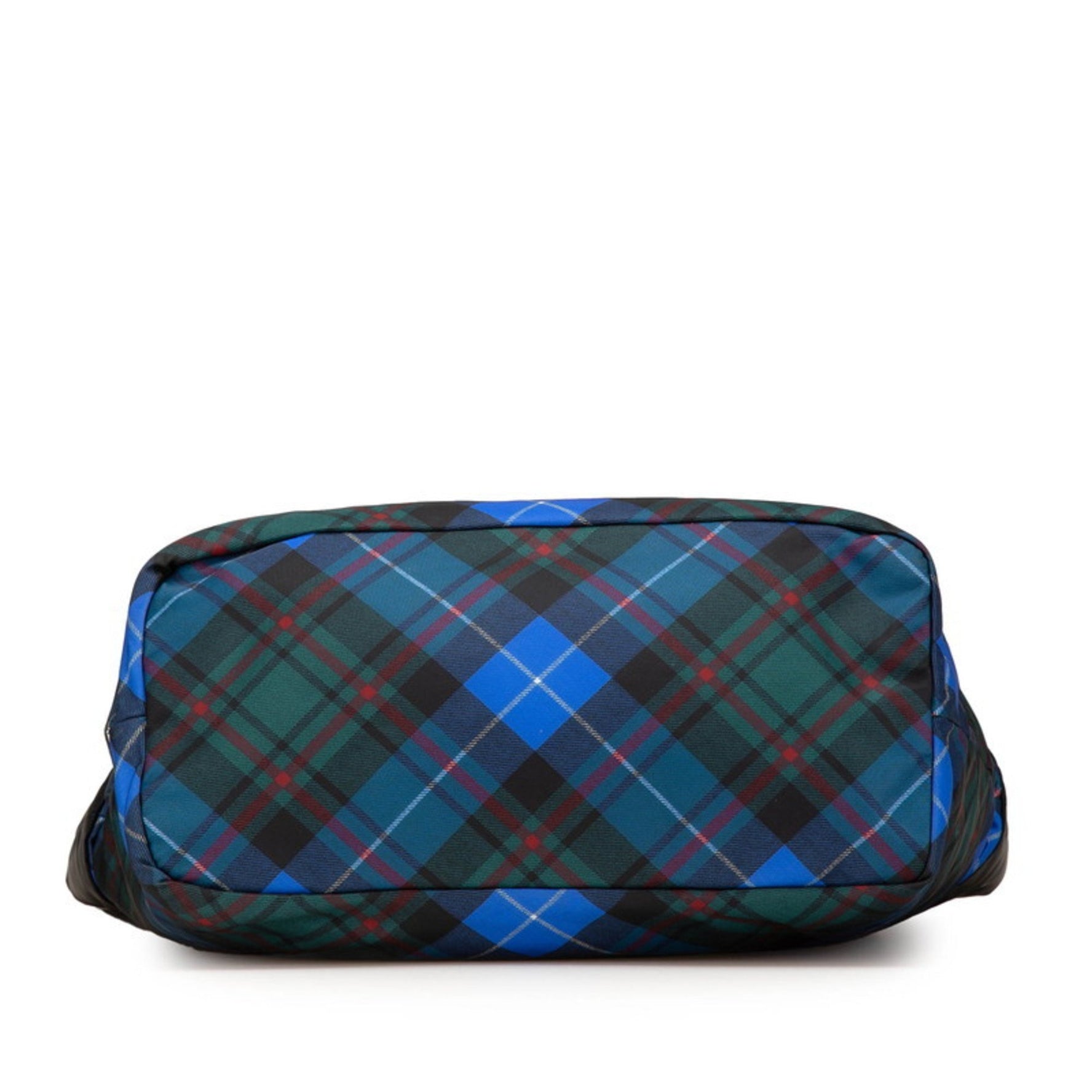 Prada Triangle Logo Plate Reversible Tartan Check Tote Bag/Shoulder Bag Blue Black Multicolor Nylon Leather