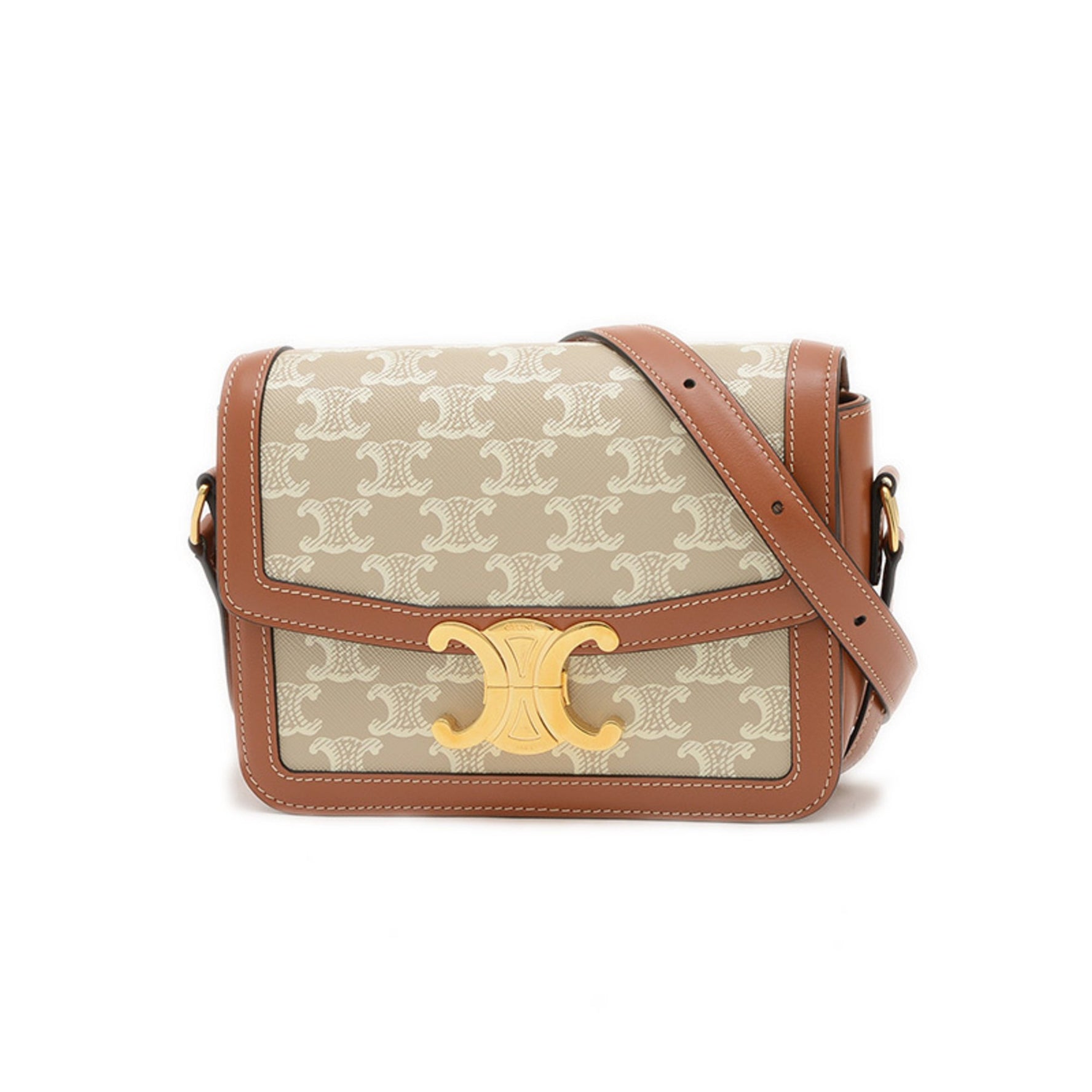 Celine Teen Triomphe Shoulder Bag Canvas Leather Greige Tan BP