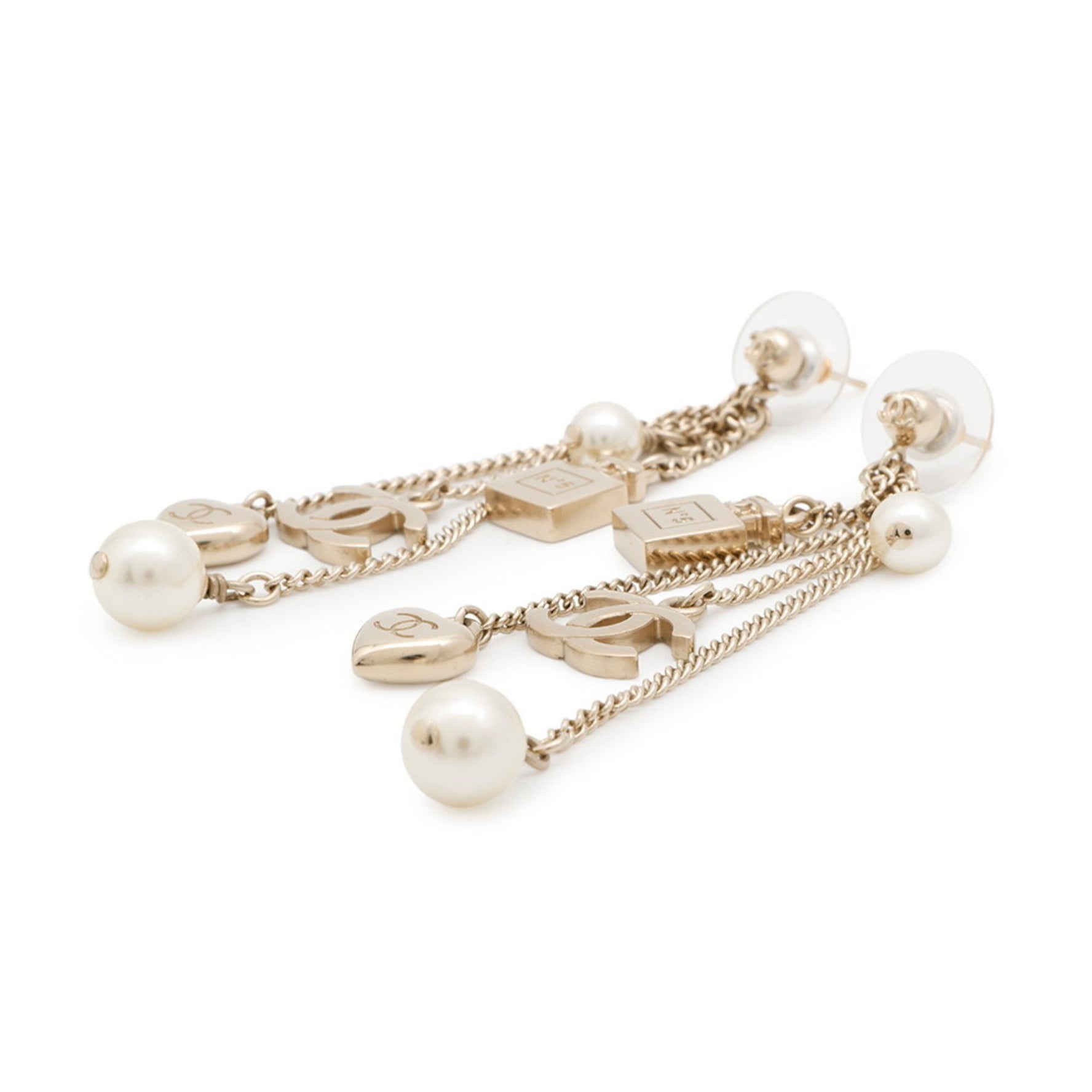 CHANEL Coco Mark Swing Perfume Bottle Heart Faux Pearl Metal Earrings