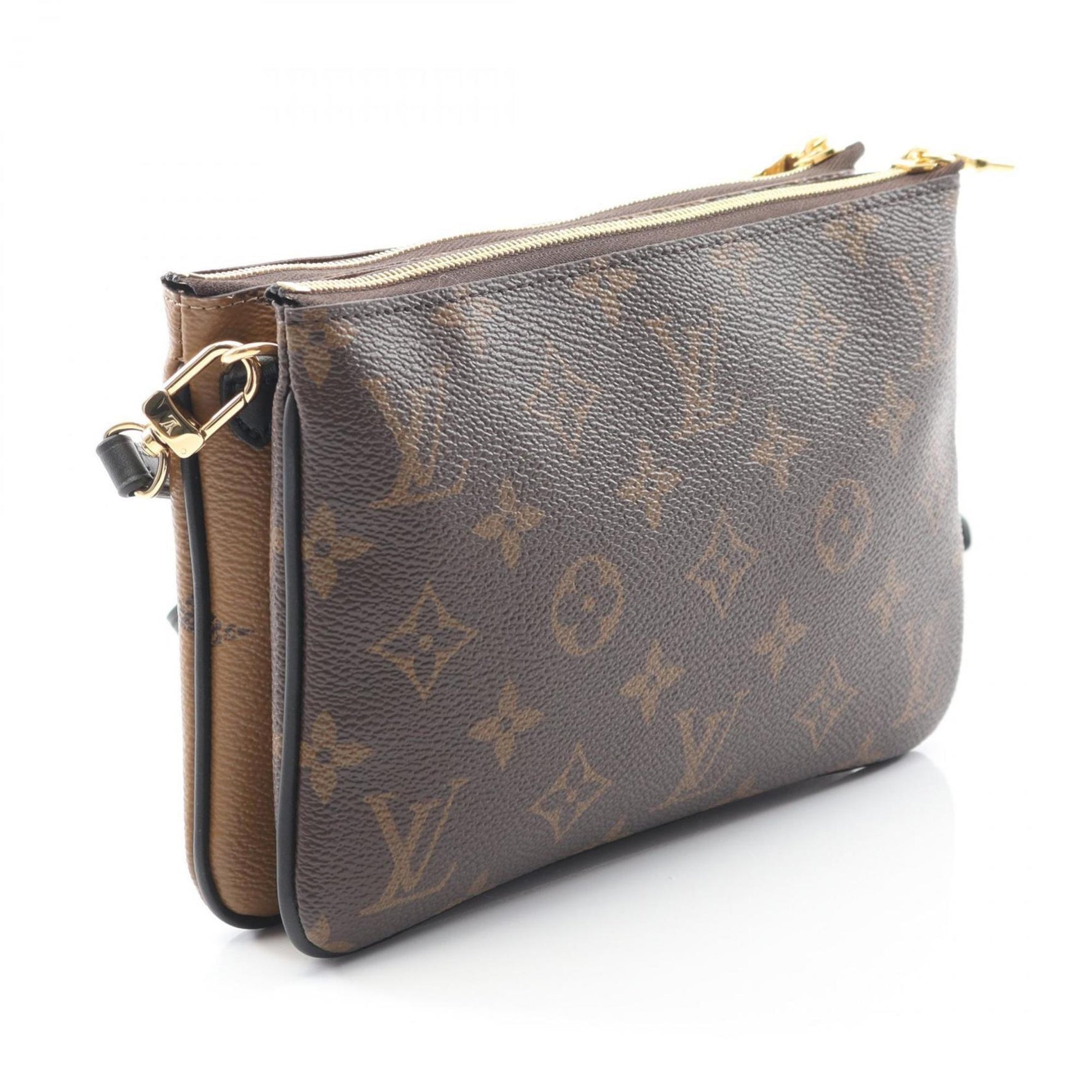 Louis Vuitton Double Zip Pochette Shoulder Bag in Coated Canvas and Leather with Monogram Giant Reverse Pattern, Brown Beige