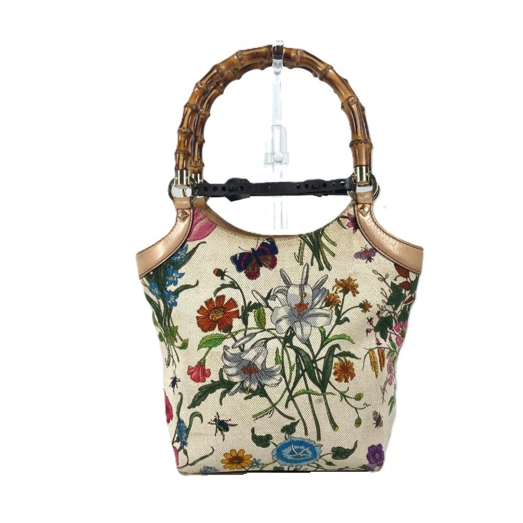 GUCCI Flora Bamboo Floral Flower Bag Tote Handbag Canvas Multicolor