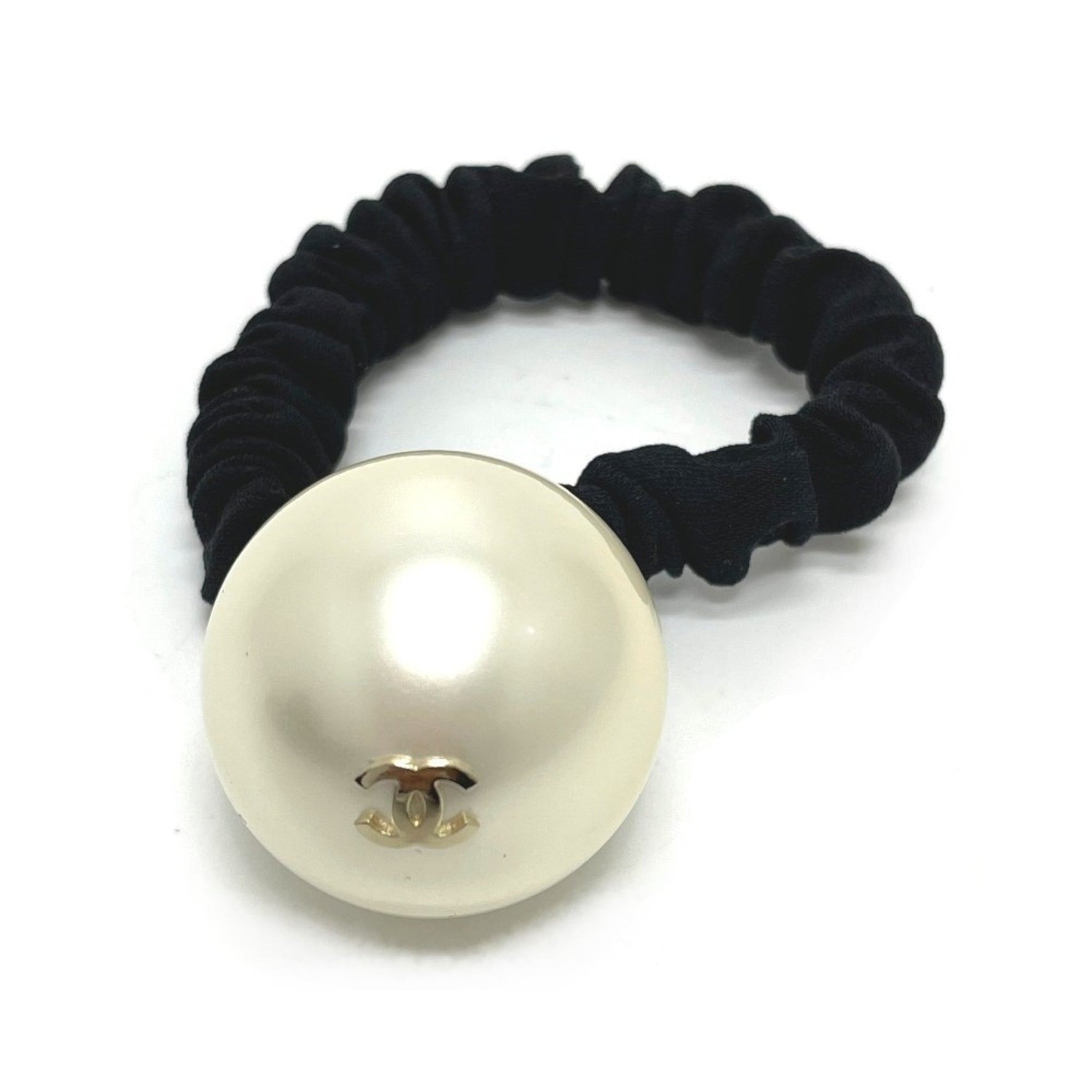 CHANEL CC Coco Mark Scrunchie Hair Tie, Faux Pearl, Black x White