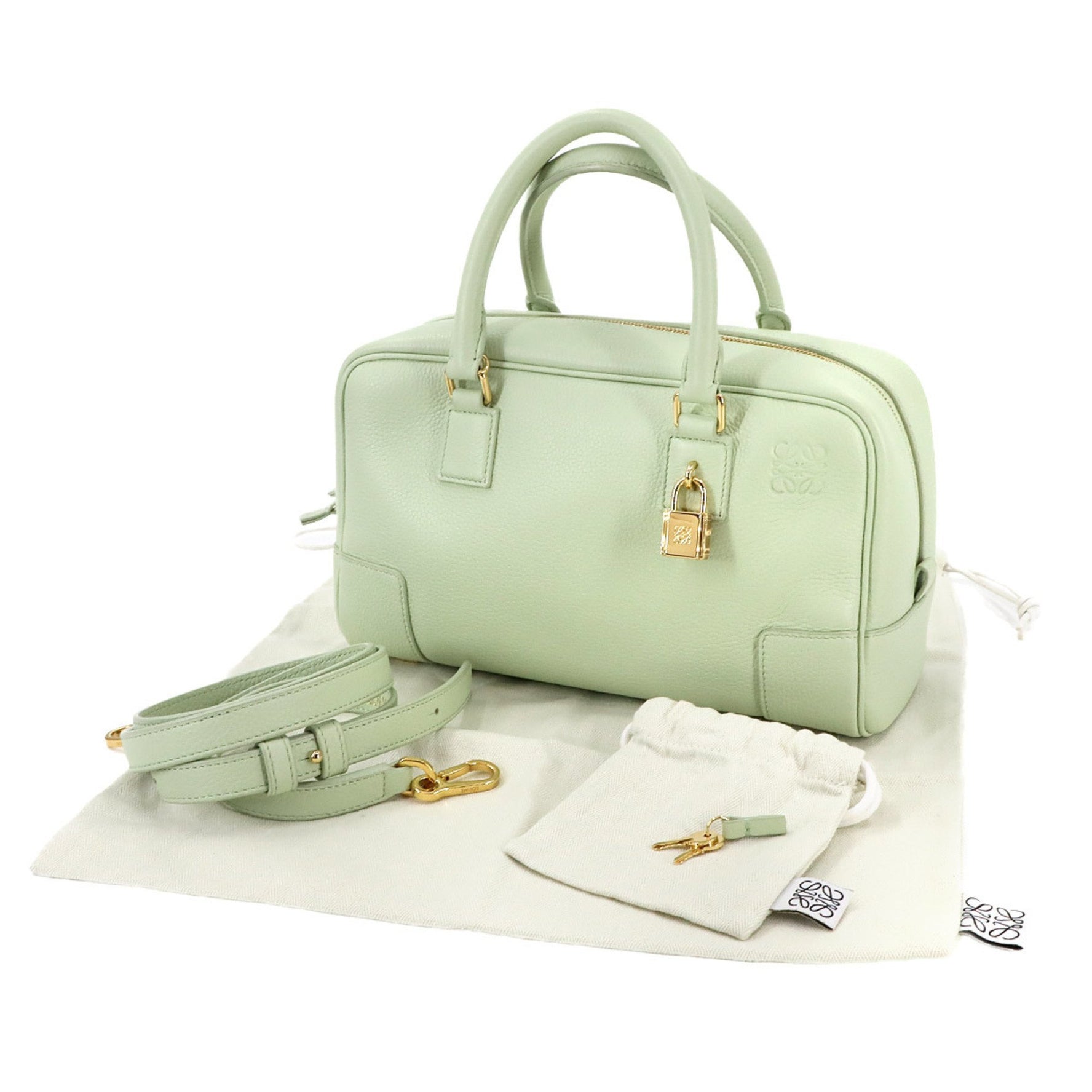 LOEWE Amazona 23 hand/shoulder bag in light green leather with gold hardware.