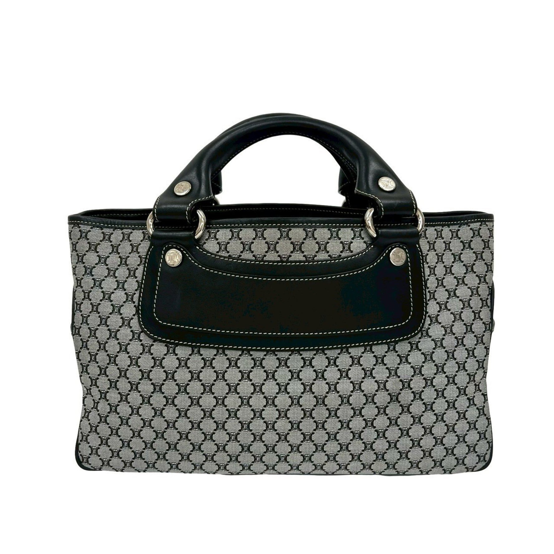CELINE Boogie Bag, Triomphe Print, Logo, Metal Hardware, Canvas and Leather Handbag, Black/Grey