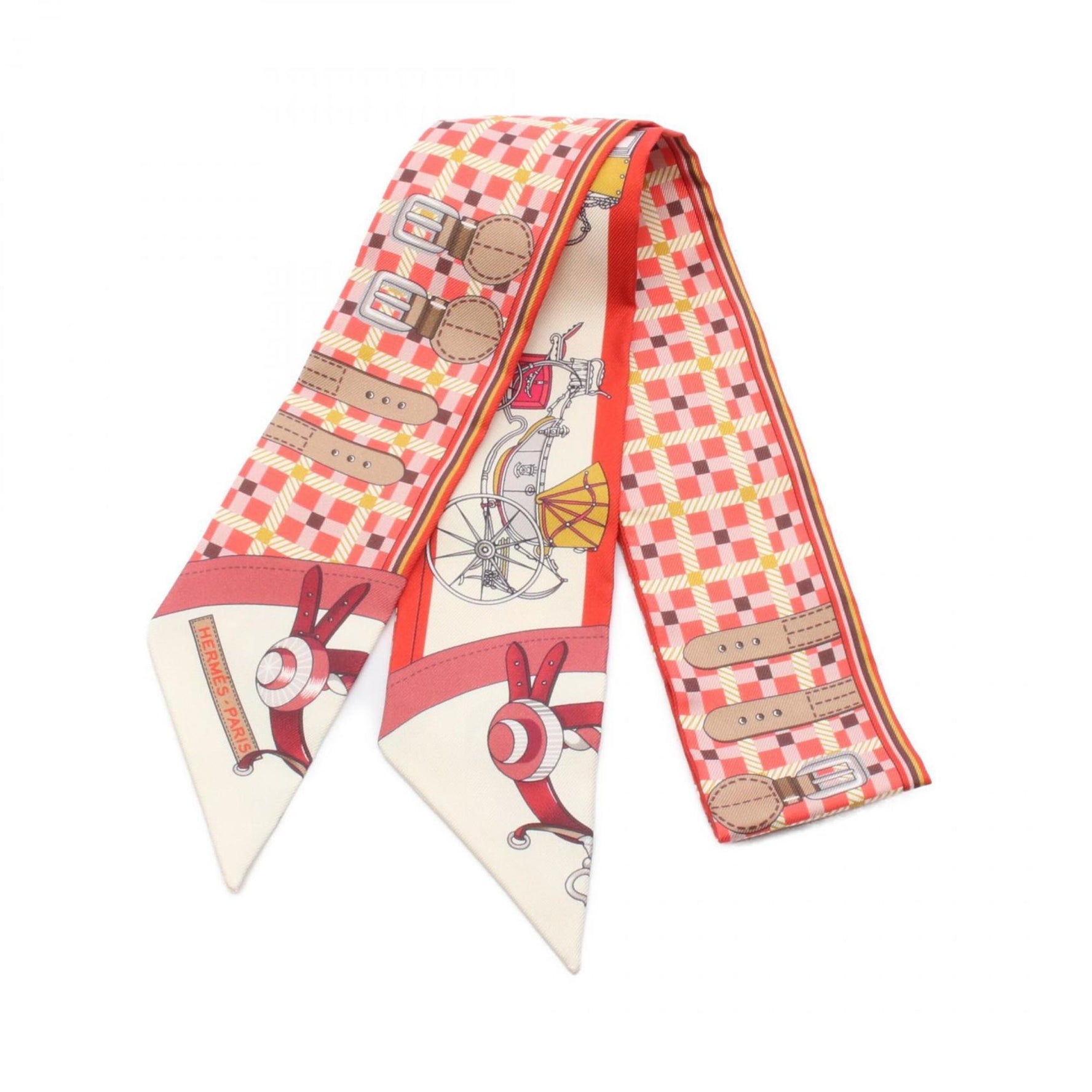 Hermes Hermès Twilly "Les Voitures Nouvelles" Silk Scarf Red, Beige, Multicolor, Box