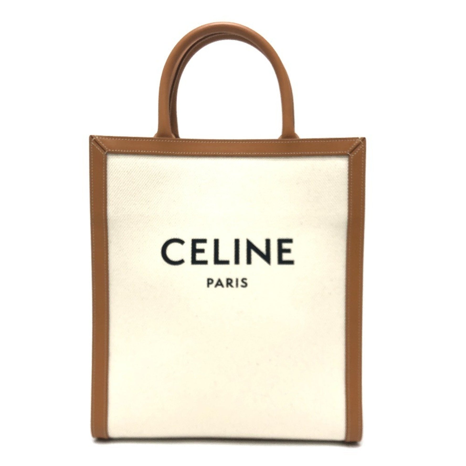 CELINE Small Vertical Cabas Bag Handbag Shoulder Crossbody Tote Leather Canvas Beige x Brown