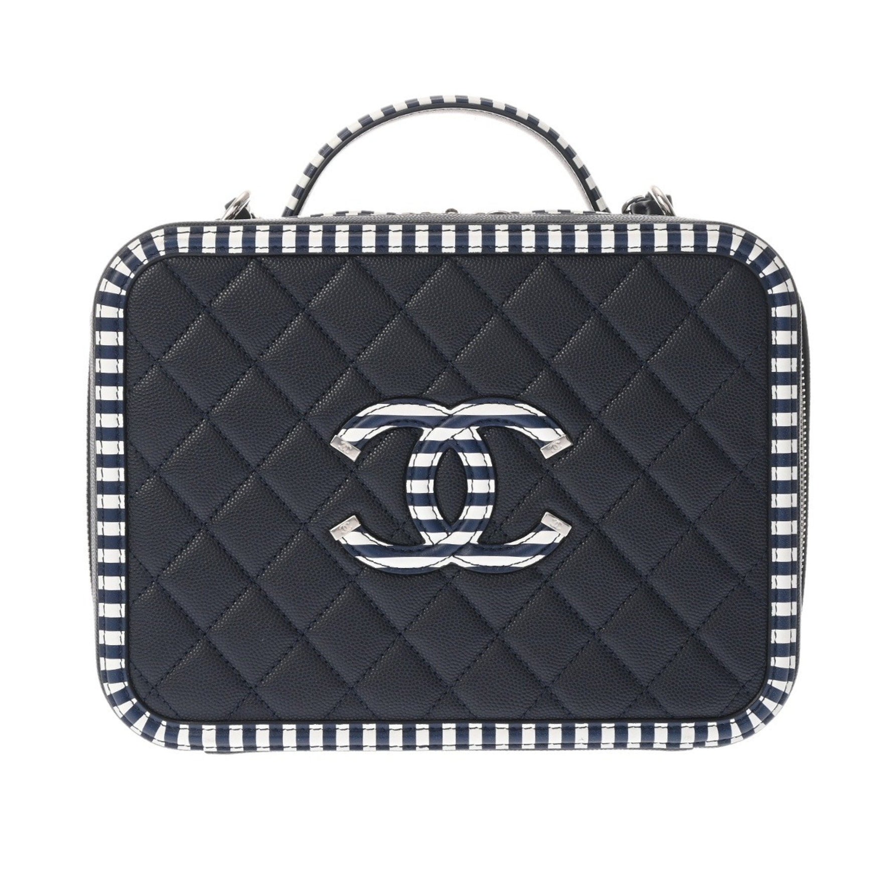 CHANEL Matelasse CC Filigree Navy/White Caviar Skin Vanity Bag