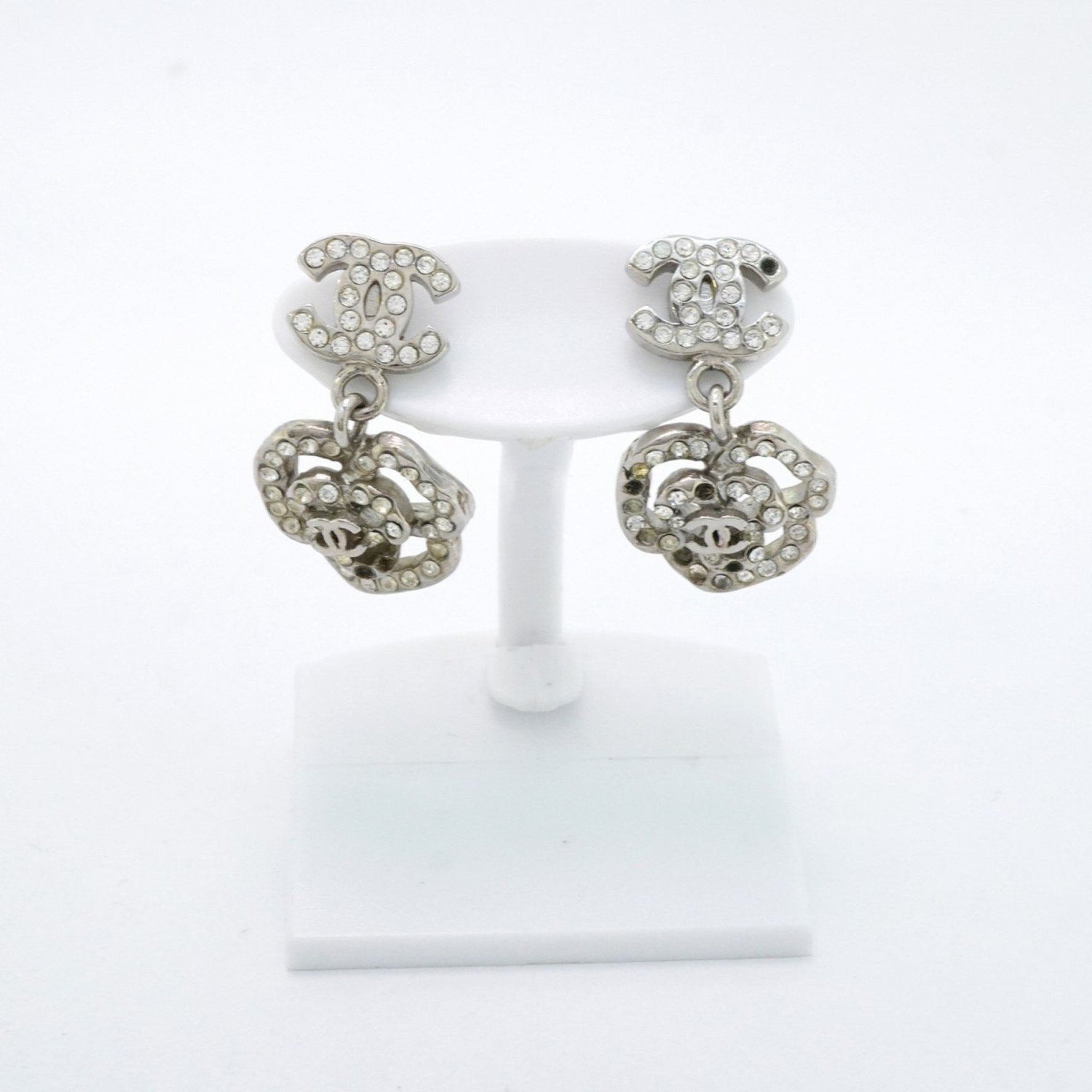 Chanel Coco Mark Camellia Metal Rhinestone Silver Earrings for Women