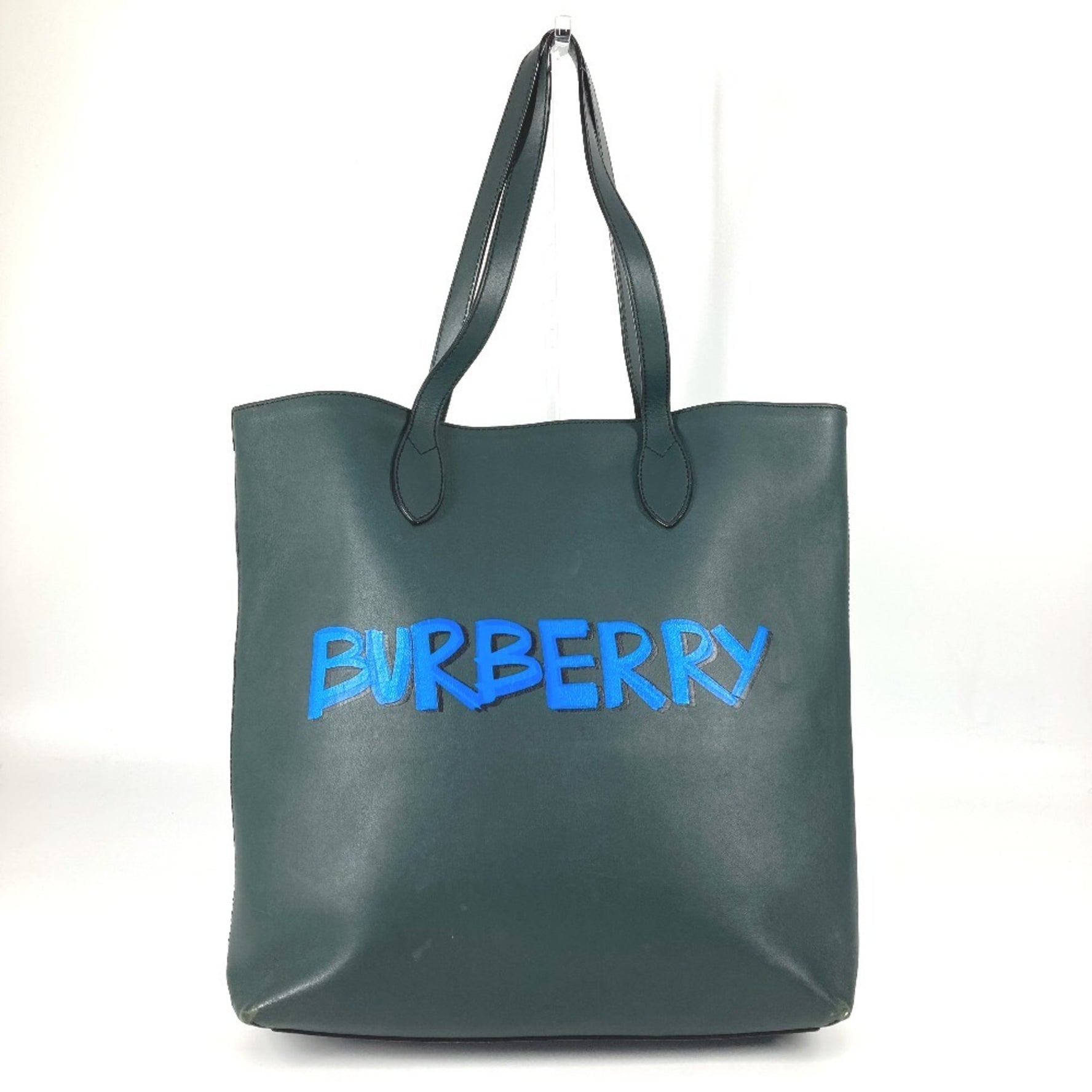 BURBERRY Logo Tote Bag Shoulder Vertical Leather Men's Women's Khaki
