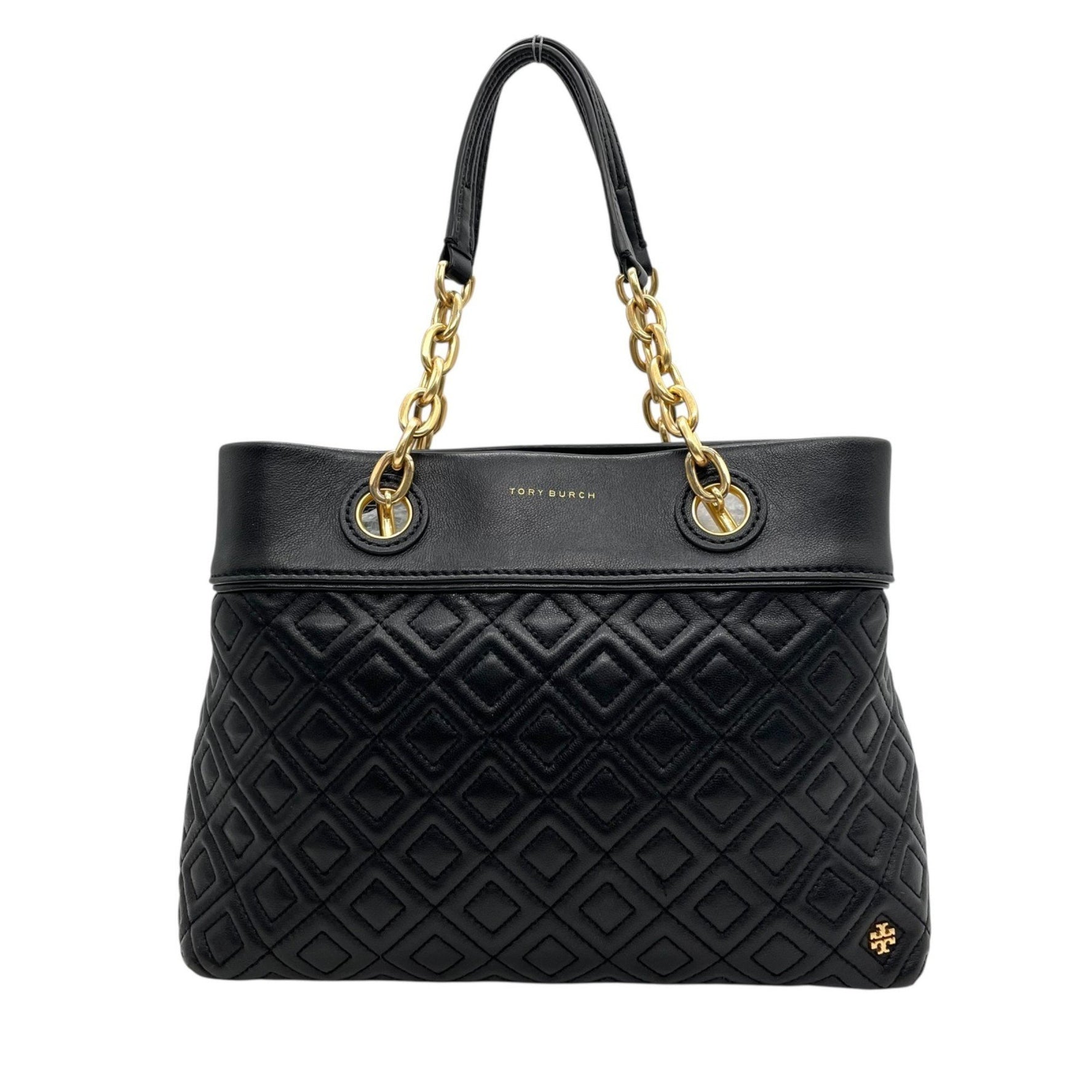 TORY BURCH Fleming 2-Way Handbag/Shoulder Bag in Black with Gold Hardware, Quilted Leather, Chain Handle, and Crossbody Bag, Size C