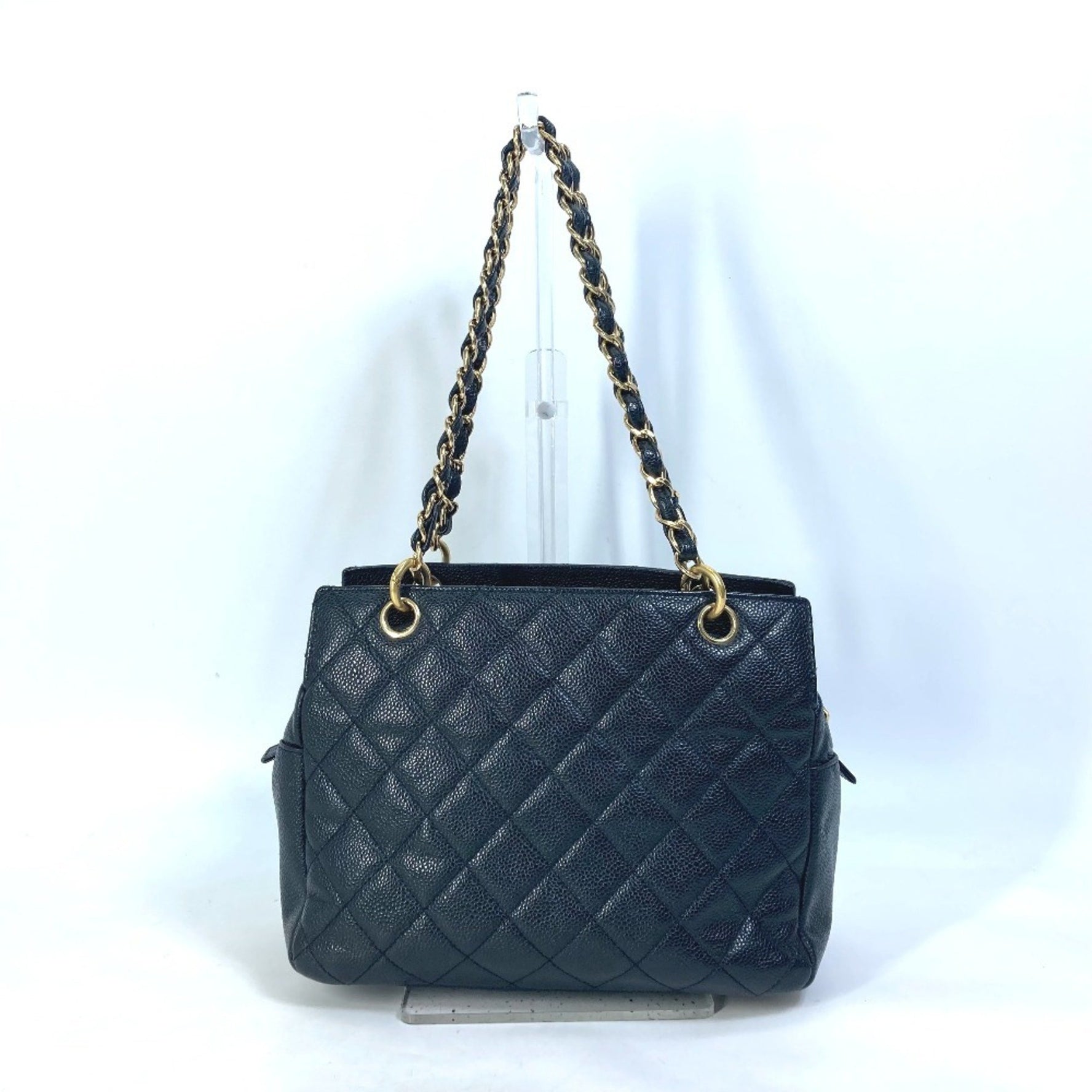 CHANEL CC Coco Mark Matelasse Quilted Double Chain Tote Bag Shoulder Caviar Skin Black