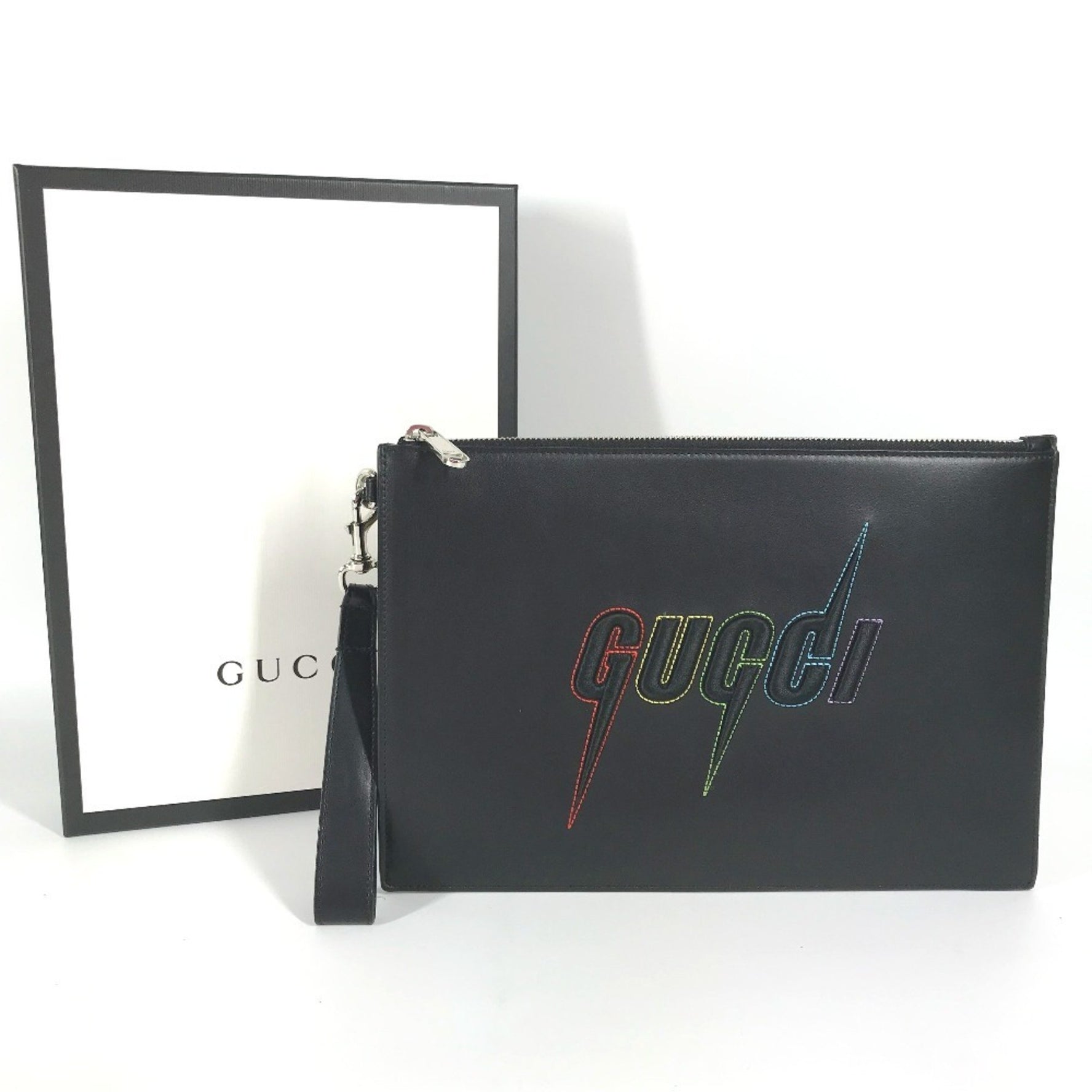 GUCCI Bag Pouch Blade Embroidery Logo Rainbow Stitching Clutch with Strap Leather Men's Black