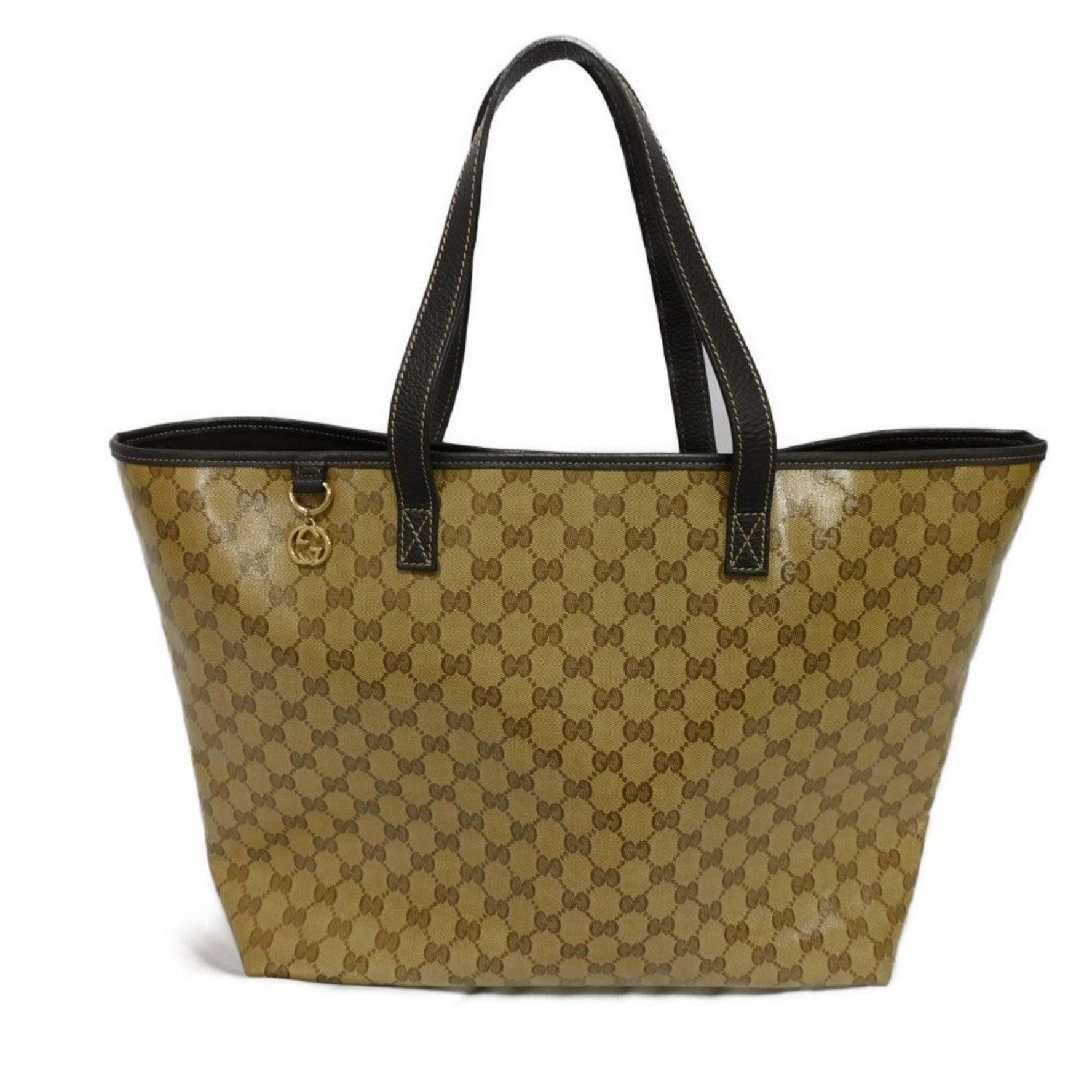 Gucci GG Crystal Tote Bag Vinyl Coating Brown Interlocking G Charm Beige Men's