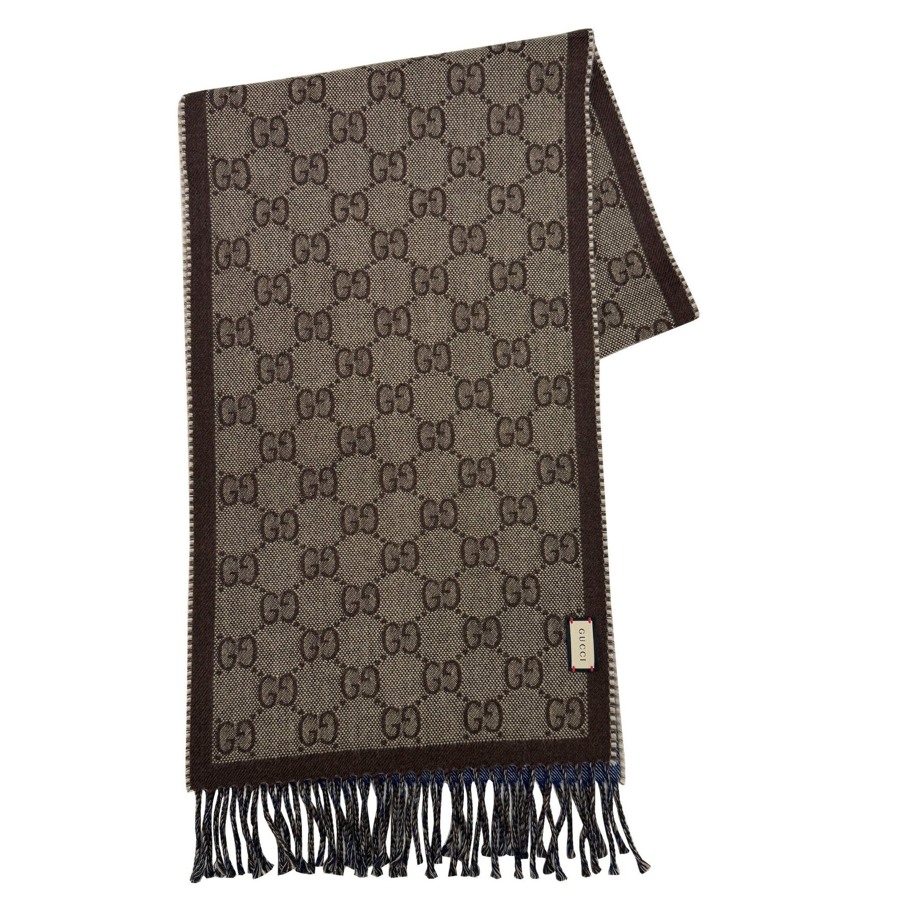 GUCCI reversible GG pattern jacquard wool scarf in blue and brown for men women