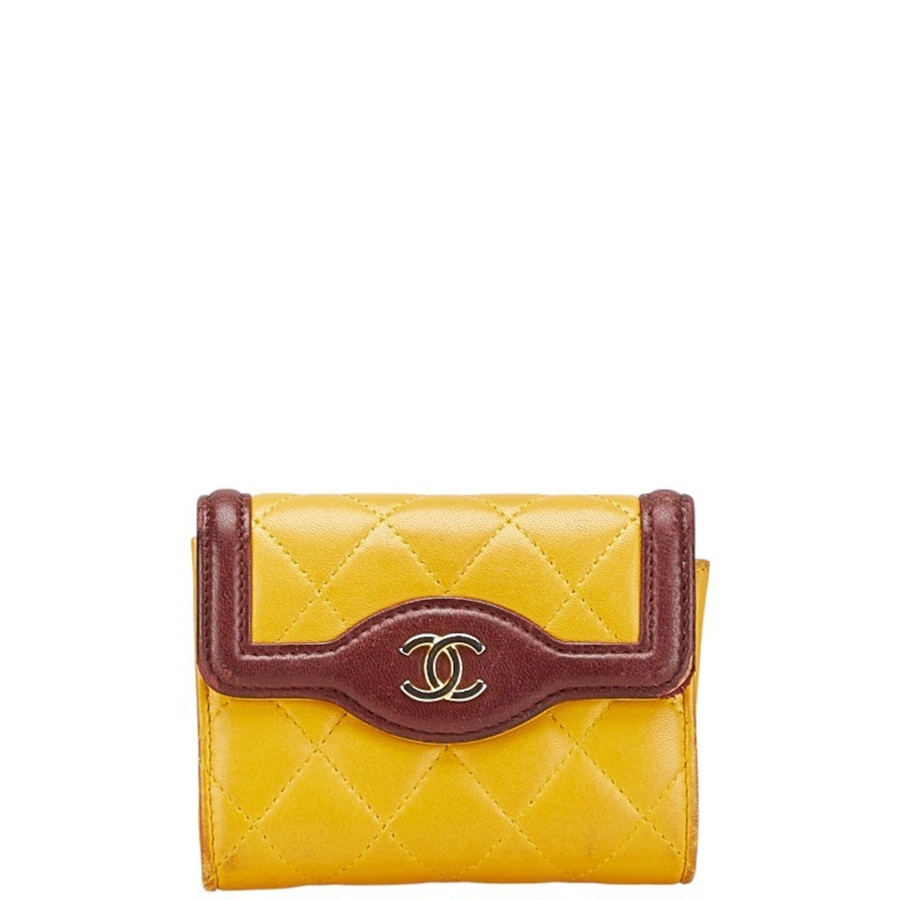 CHANEL Matelasse Coco Mark Wallet/Coin Case/Business Card Case/Card Case Yellow/Brown Lambskin