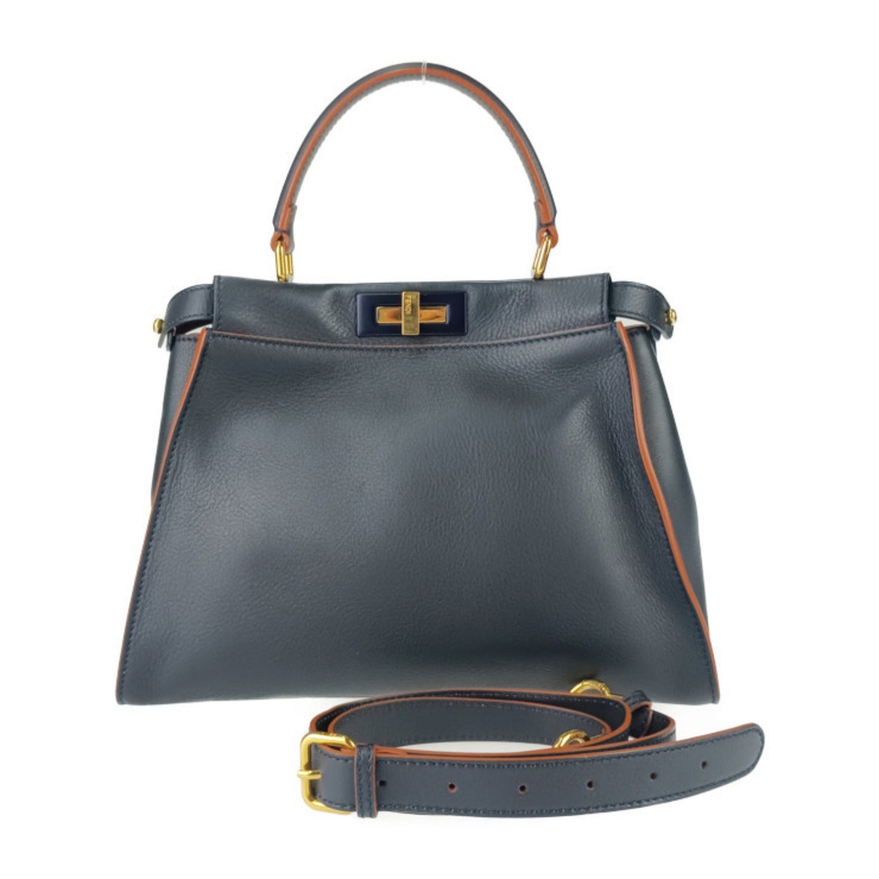 FENDI Peekaboo Regular Selleria Handbag Navy Orange Leather