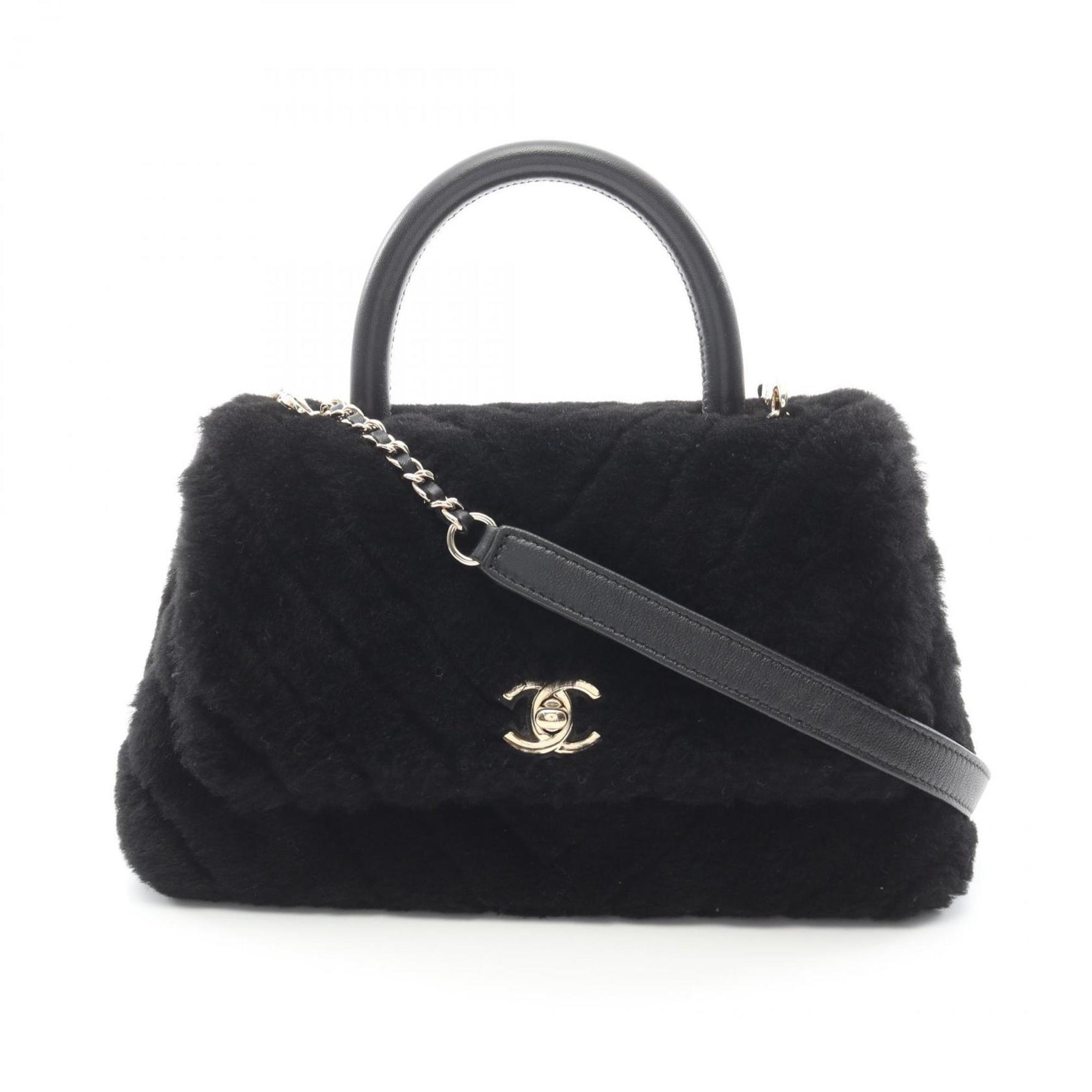 CHANEL Coco Handle Flap Chevron V-Stitch Handbag Fur Women's Black A92990