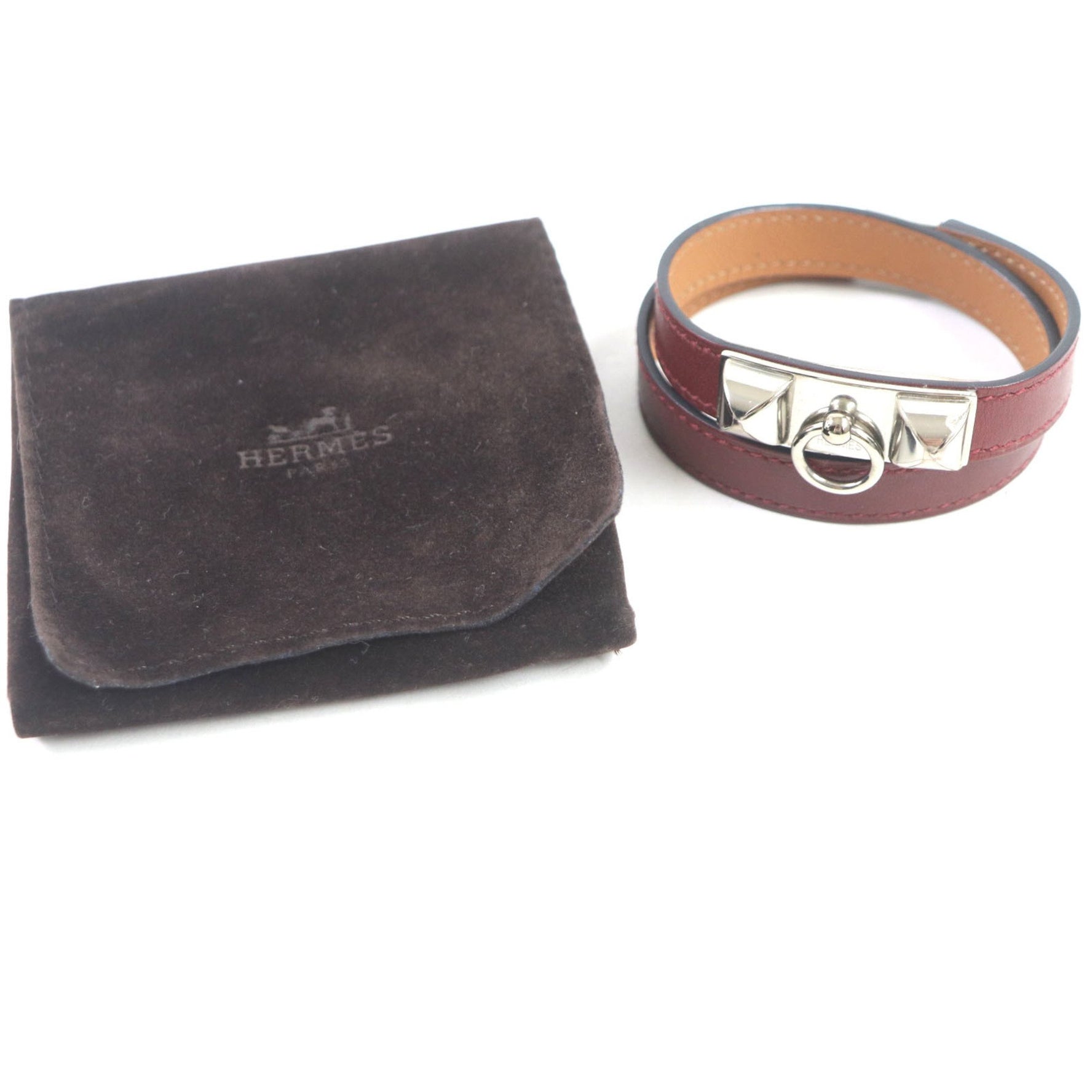 HERMES Collier de Chien Leather Double-Strand Bracelet in Red Brown, Size S, with Silver Hardware, O Stamp, and Dust Bag.