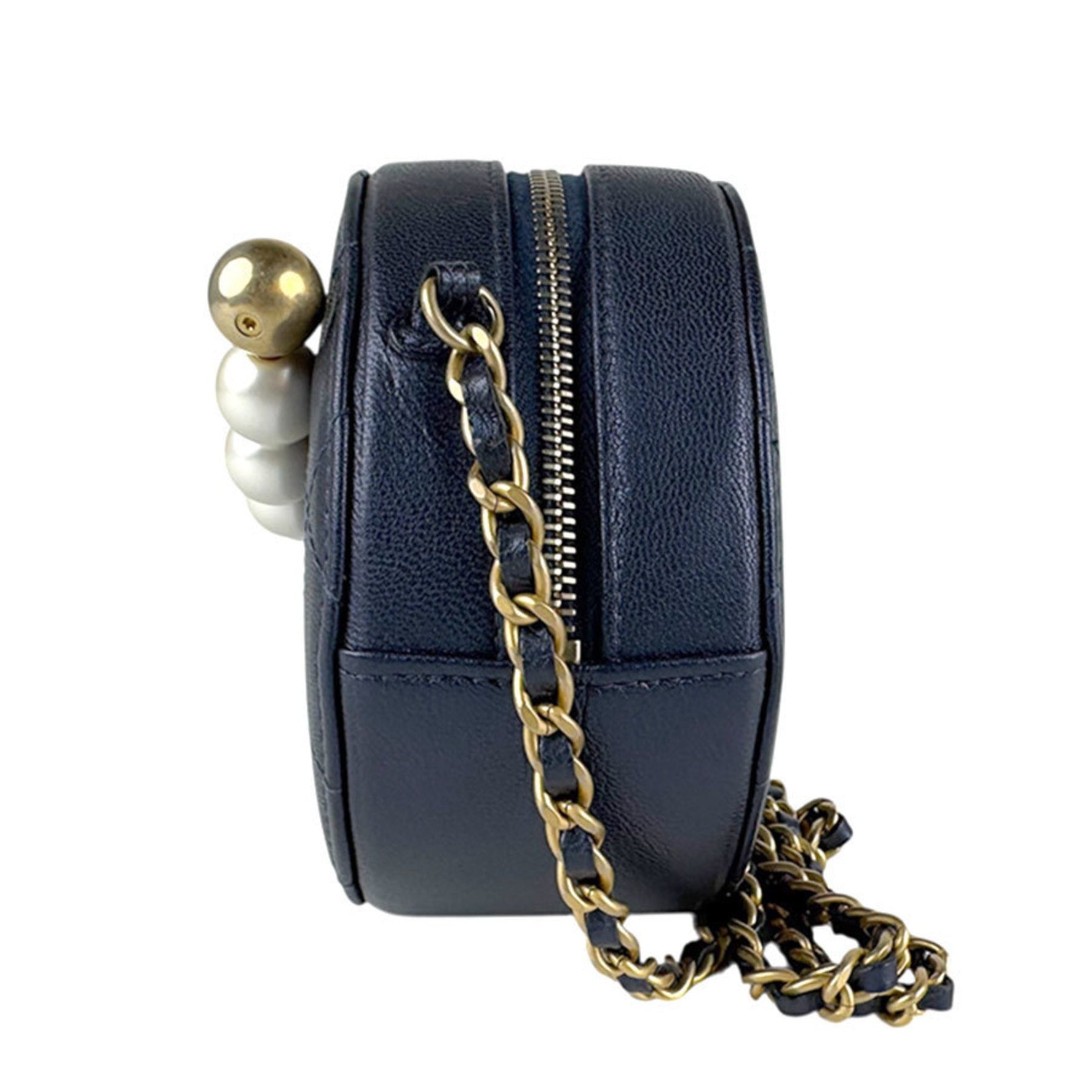 CHANEL Shoulder Bag Leather with Faux Pearls and Blue