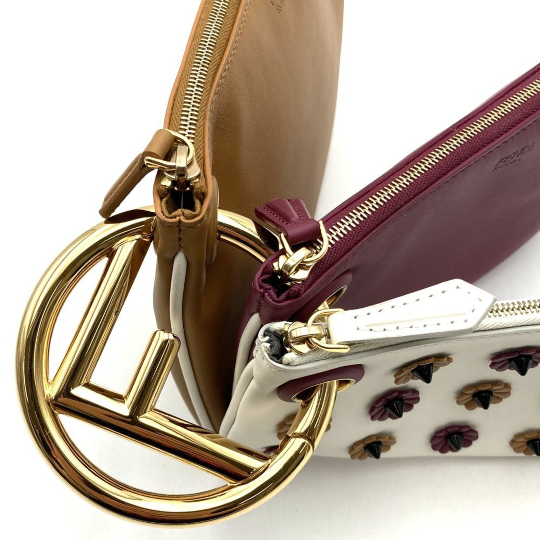 FENDI Triplet Clutch Bag in Leather with Flowers, White/Red/Brown