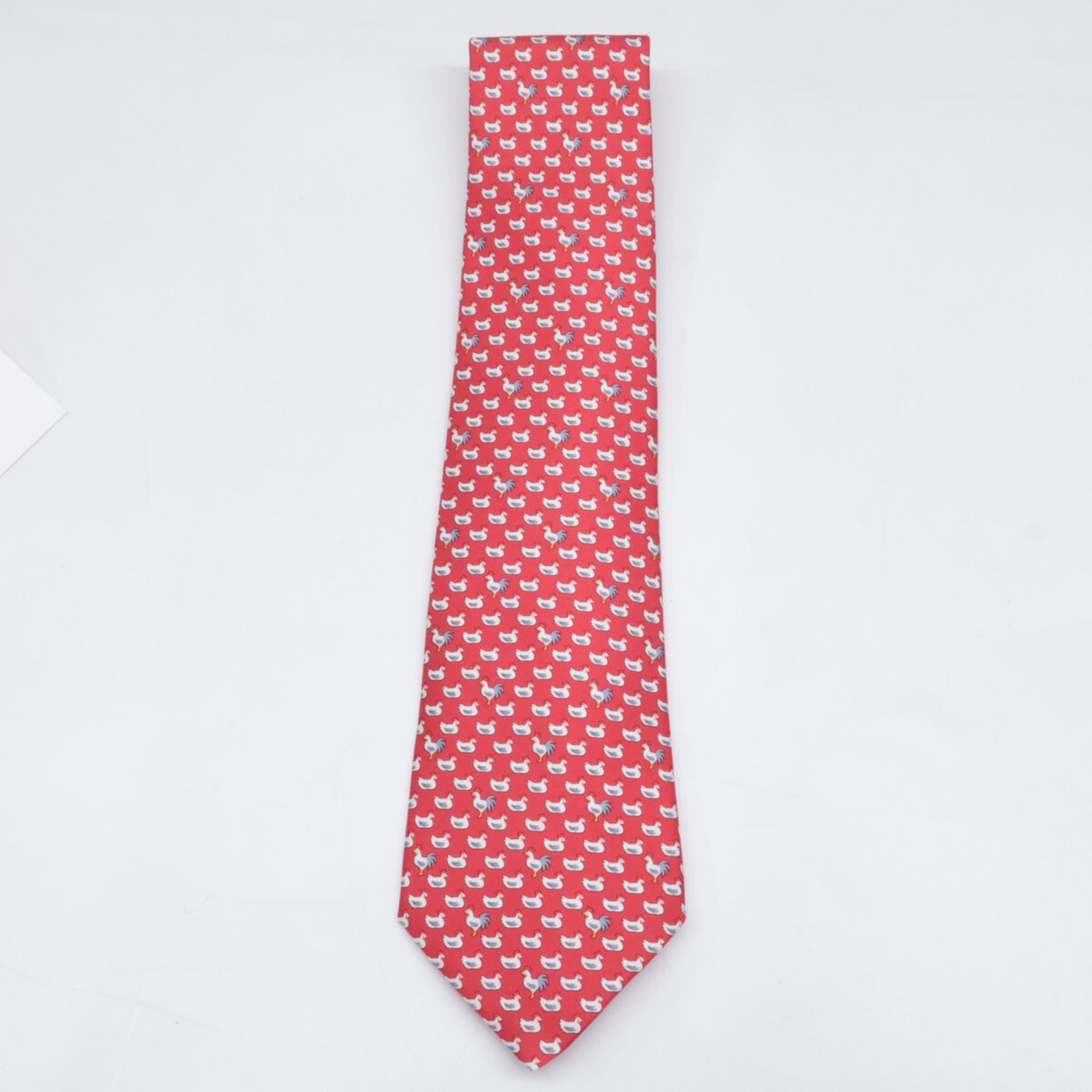 HERMES 02 Chicken Print Silk Tie ROUGE BLANC