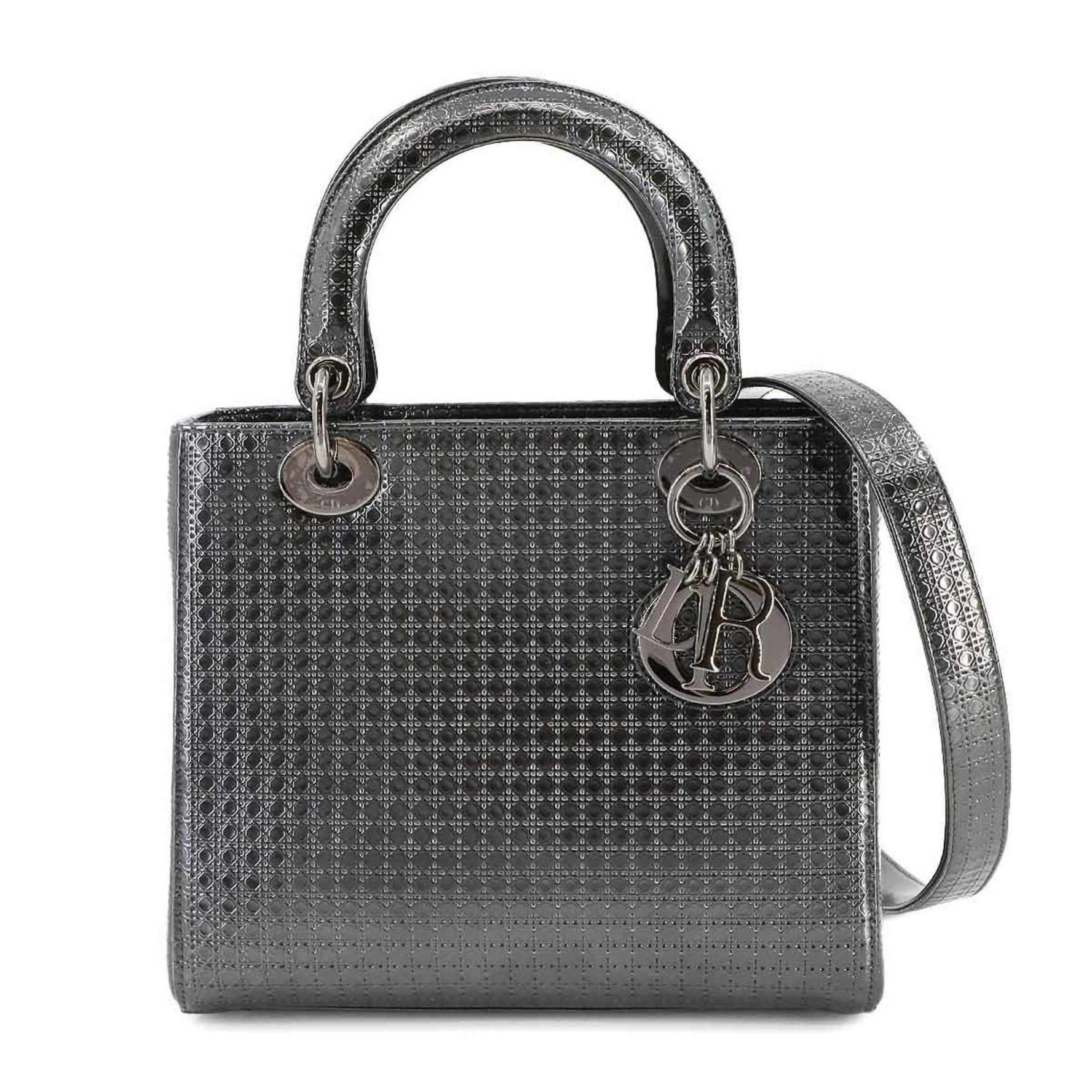 Christian Dior Micro Cannage Lady Medium hand/shoulder bag in patent leather, metallic gray with gunmetal hardware.