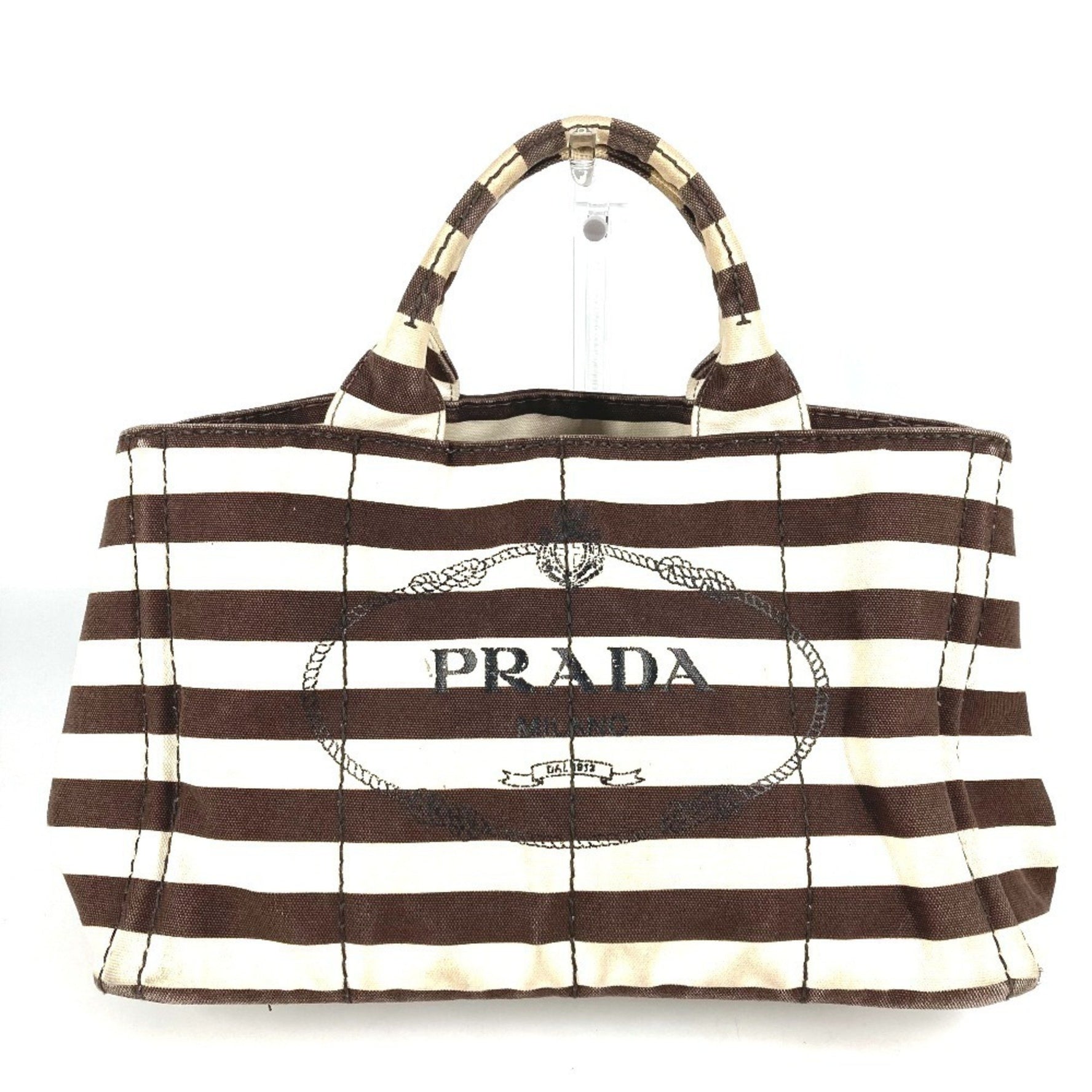 PRADA Canapa Logo Border Tote Bag, Canvas Handbag, Brown