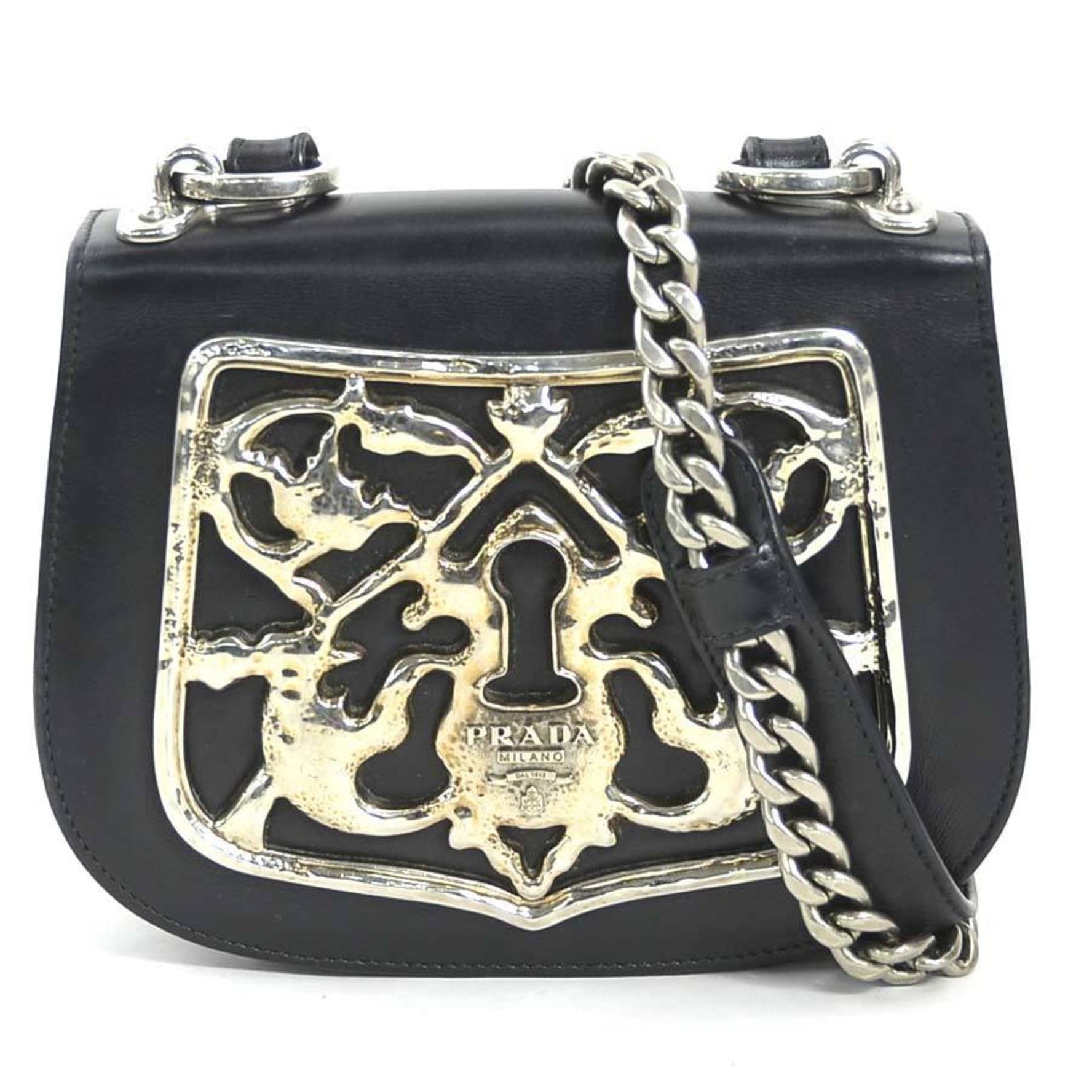 PRADA Shoulder Bag Leather Metal Black Silver Women's 1BH071 90049a