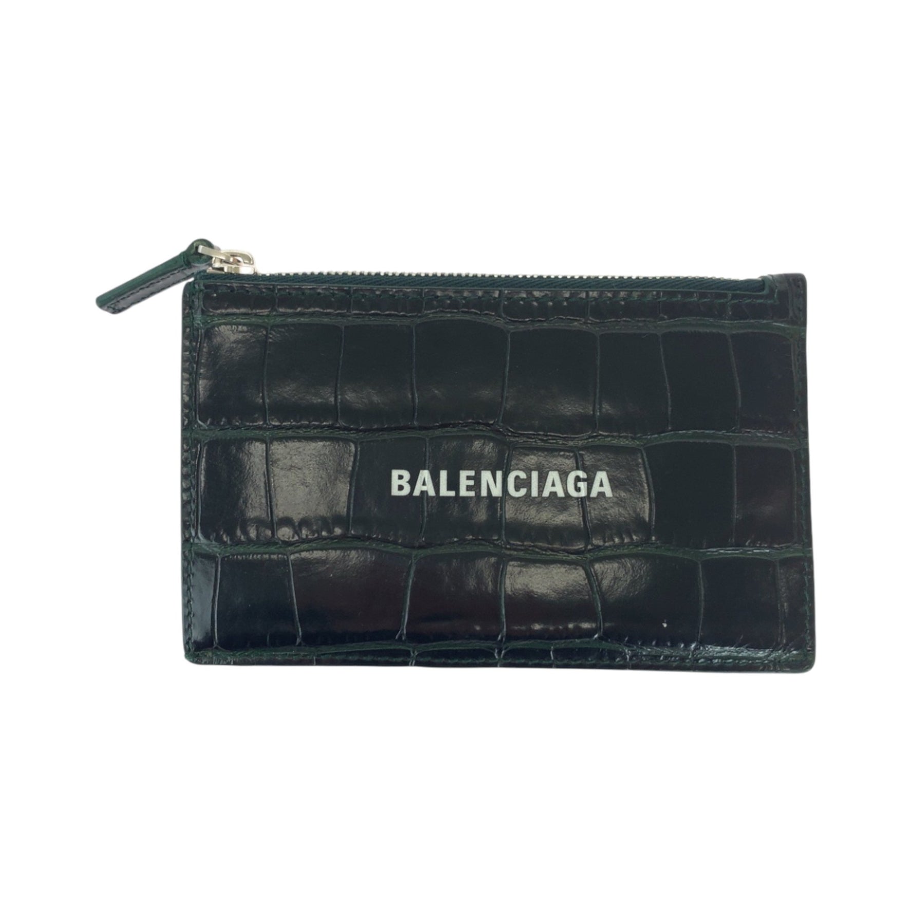 BALENCIAGA Compact Wallet Fragment Case, Men's, 640535, Embossed Leather, Black, Green, Silver Hardware