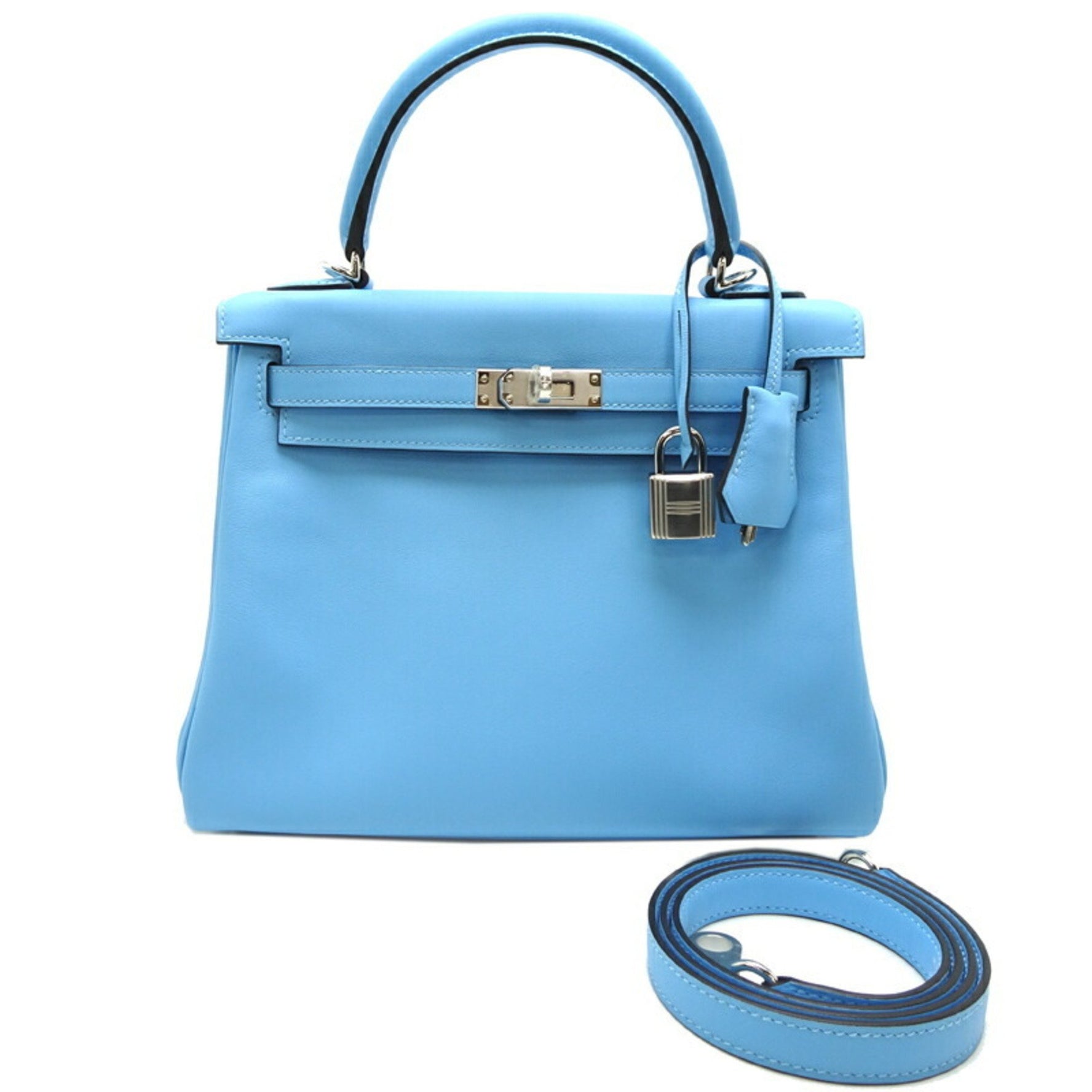 Hermes Kelly 25 W stamped 2024 Silver (palladium) hardware Seal on Women's handbag Swift Celeste (blue)