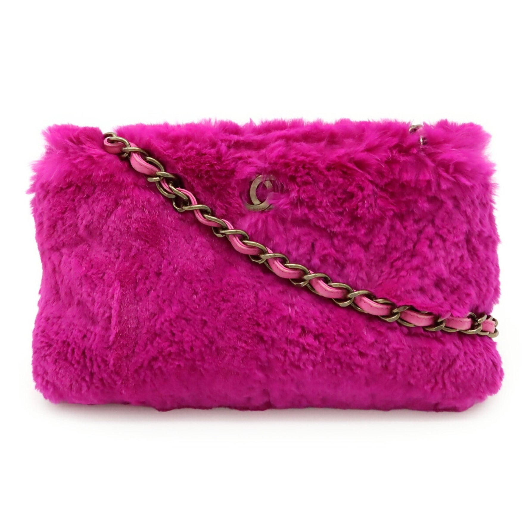 CHANEL Lapin Rabbit Fur Coco Mark Chain Bag Shoulder Leather Purple Pink