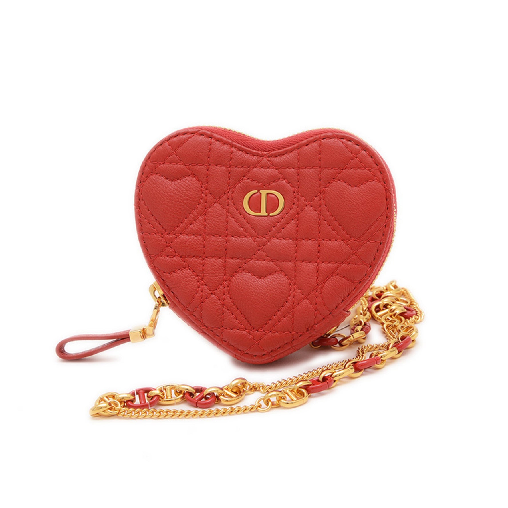 Christian Dior Dior Caro Heart Pouch Shoulder Bag Leather Red Gold Hardware BP