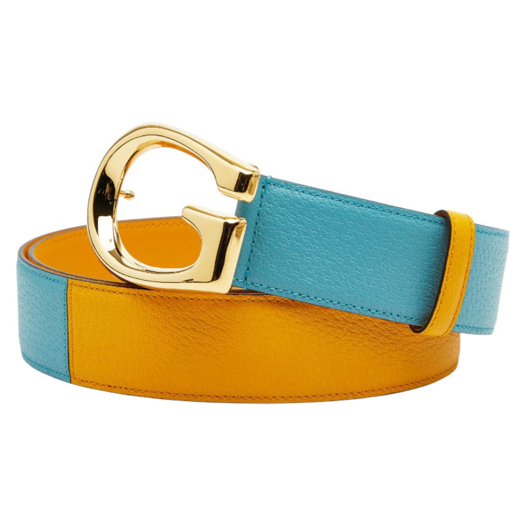 Gucci G Buckle Belt, Sizes 95 and 38, Yellow Blue Two-Tone Leather