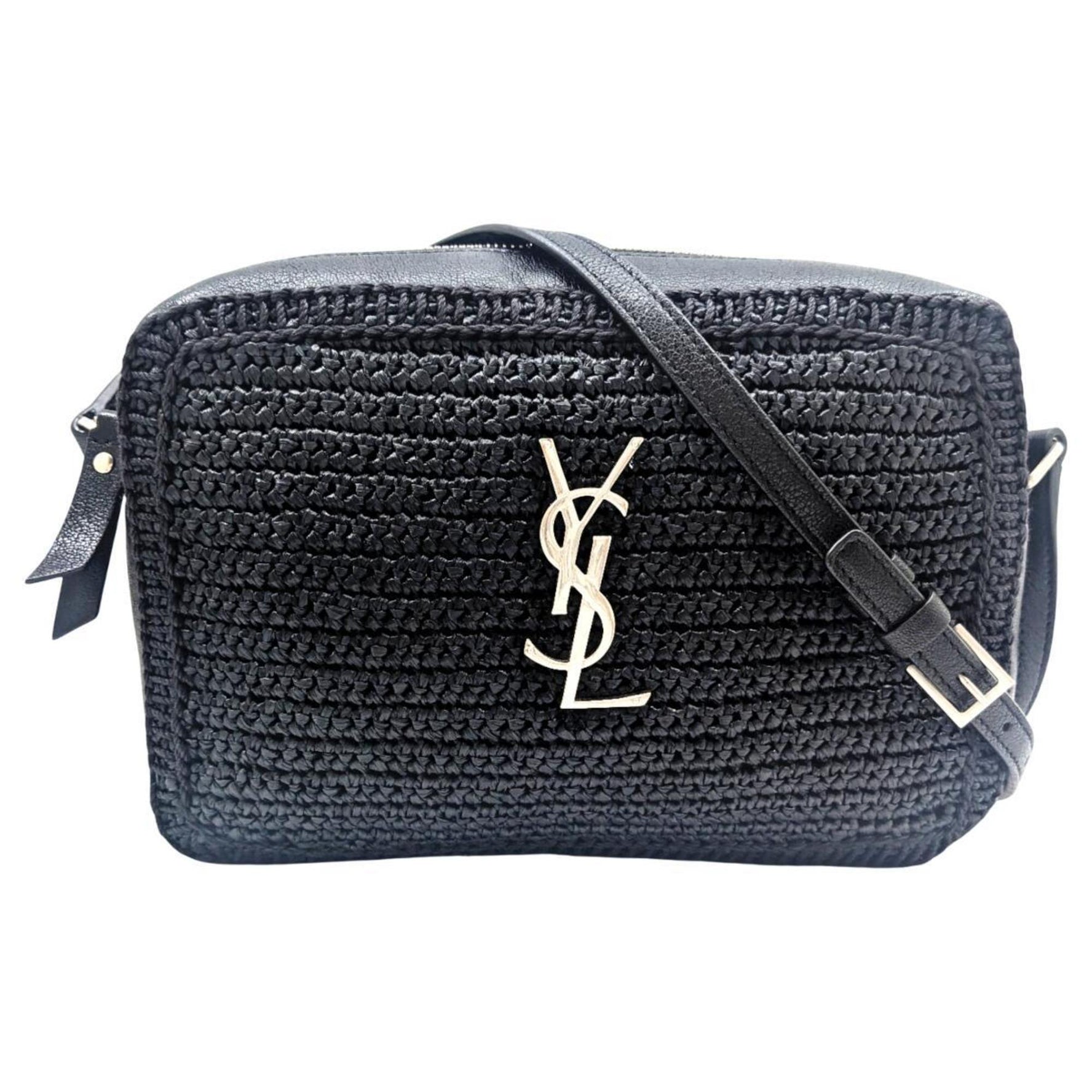SAINT LAURENT Lou Raffia and Leather Camera Bag Shoulder with Tassel, YSL