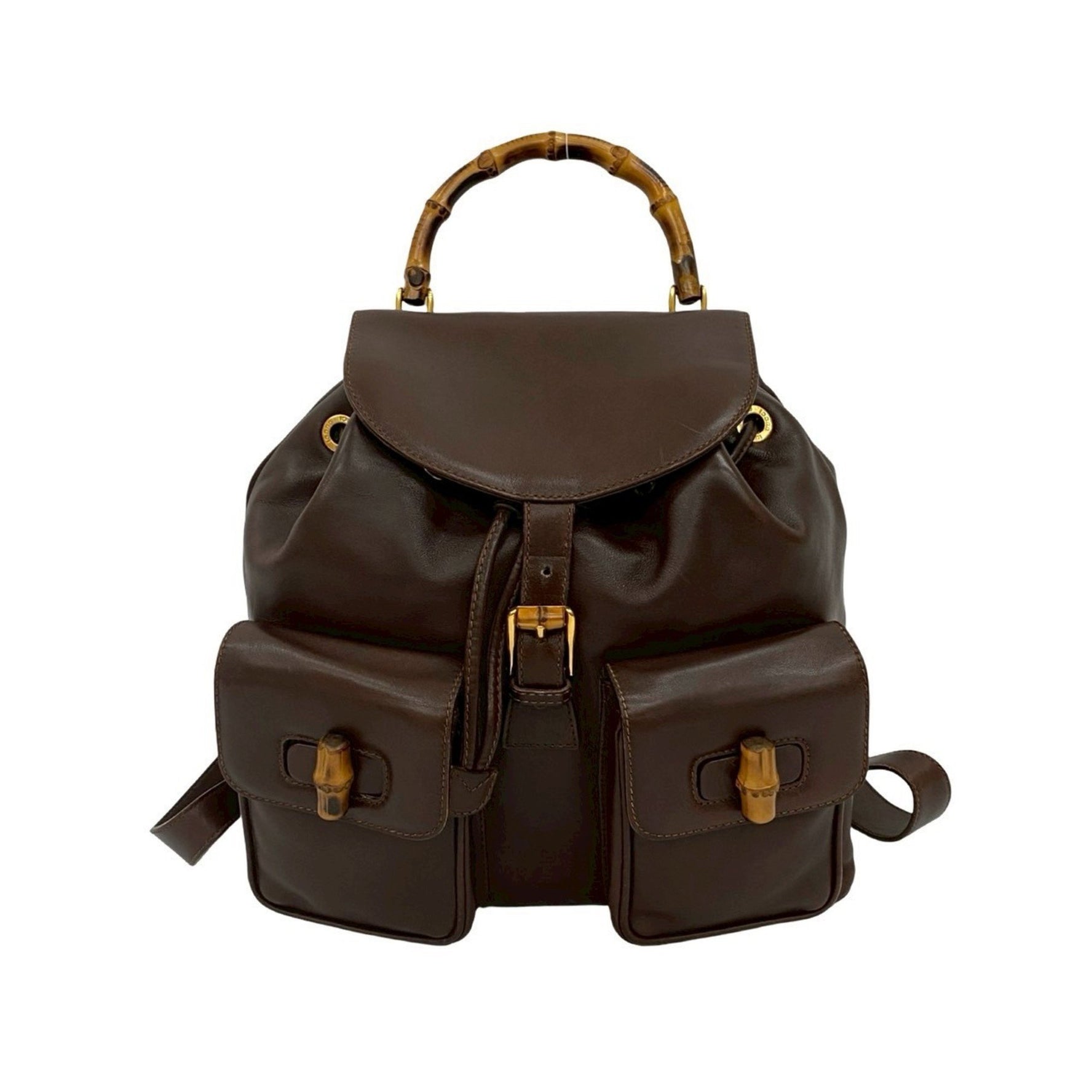 GUCCI Old Gucci Bamboo Leather Drawstring Turnlock Backpack Daypack Brown f1652