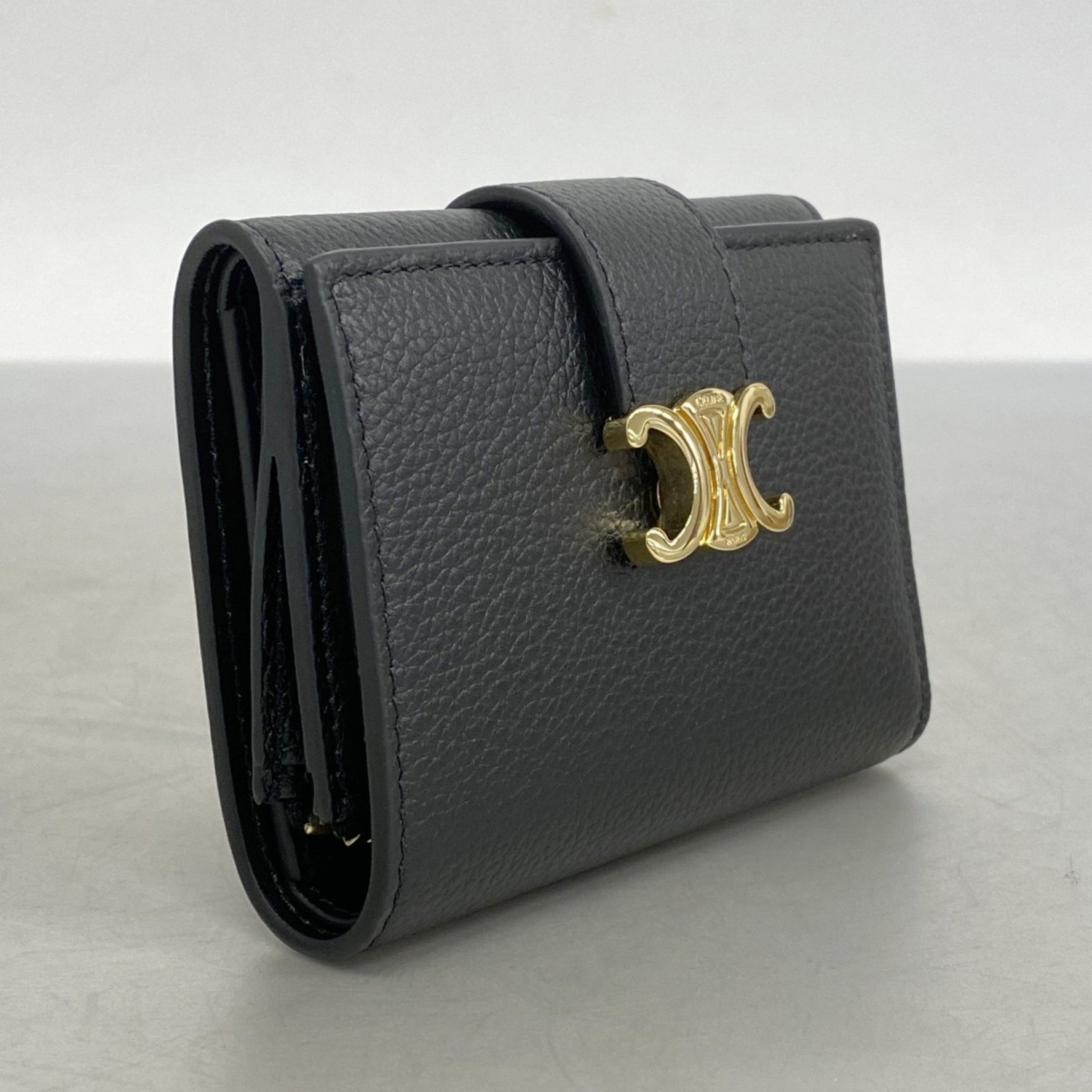 Celine Triomphe Leather Tri-fold Wallet Black Women's