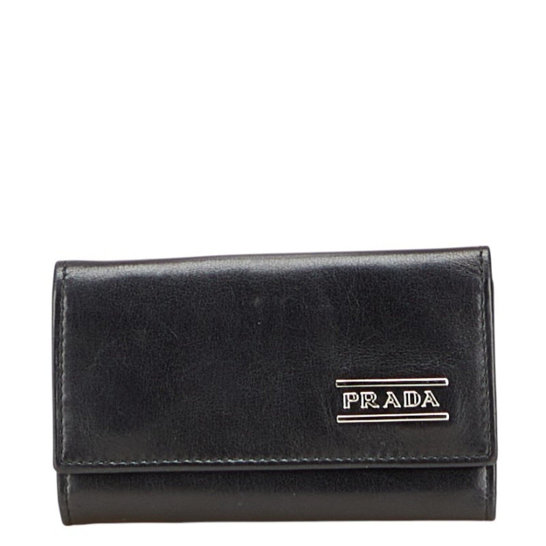 Prada Logo Metal 6-Ring Key Case, Black Leather, Women's, PRADA