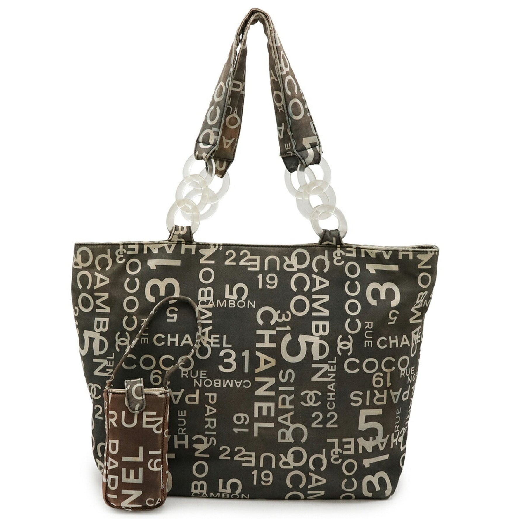 CHANEL By Sea Line Large Tote Bag, Canvas, Gray, Ivory, with Plastic Chain, Pouch Not Included