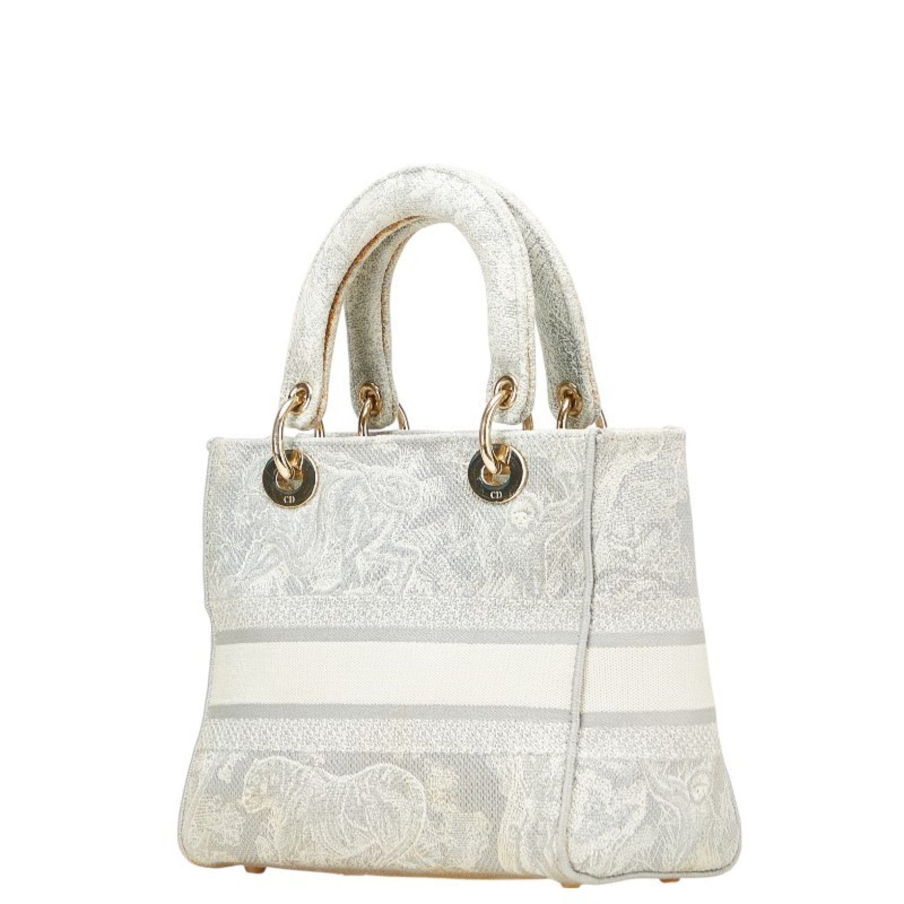Christian Dior Dior Lady Embroidered Handbag/Shoulder Bag Gray White Canvas
