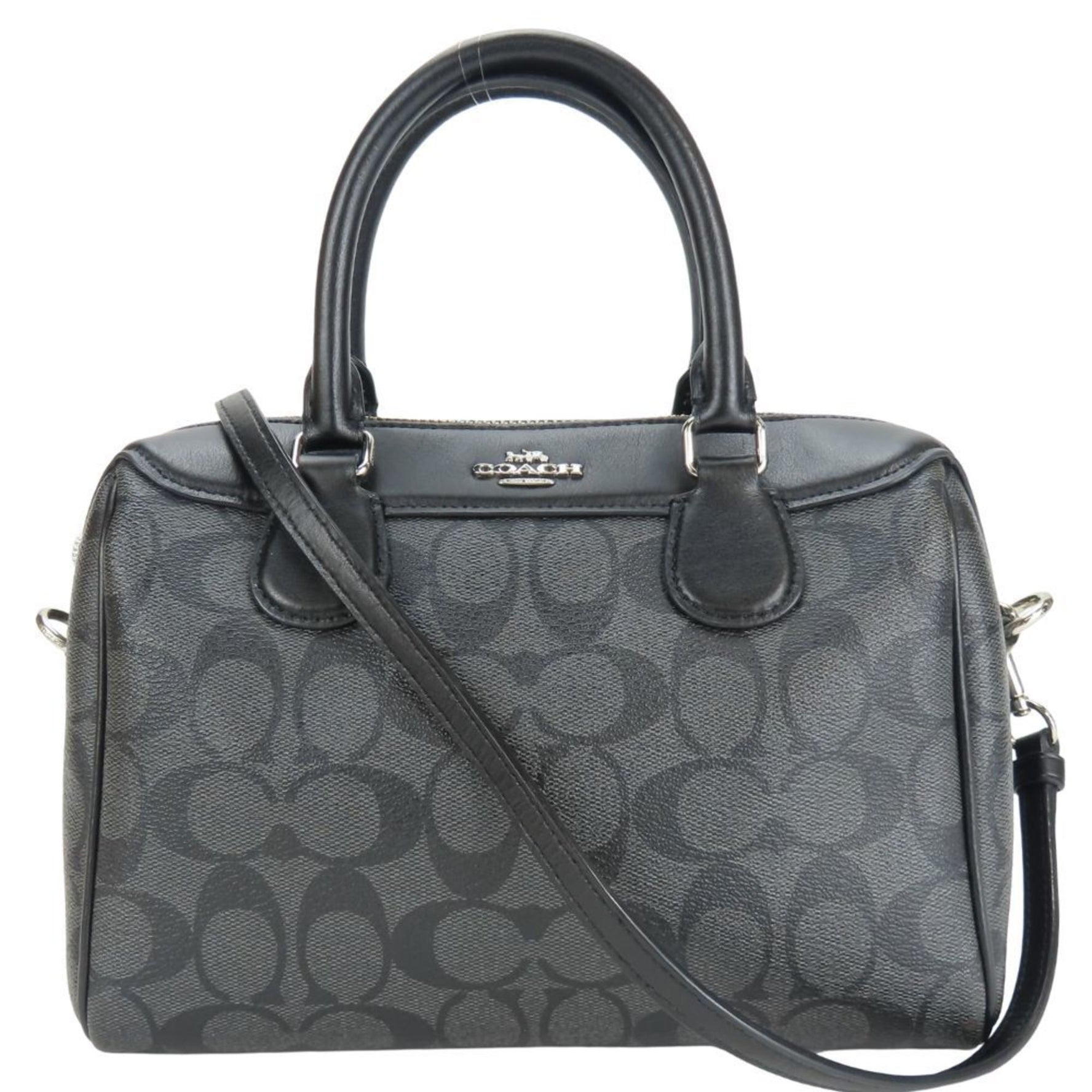 Coach handbag Signature coated canvas and leather mini Boston bag in gray black.