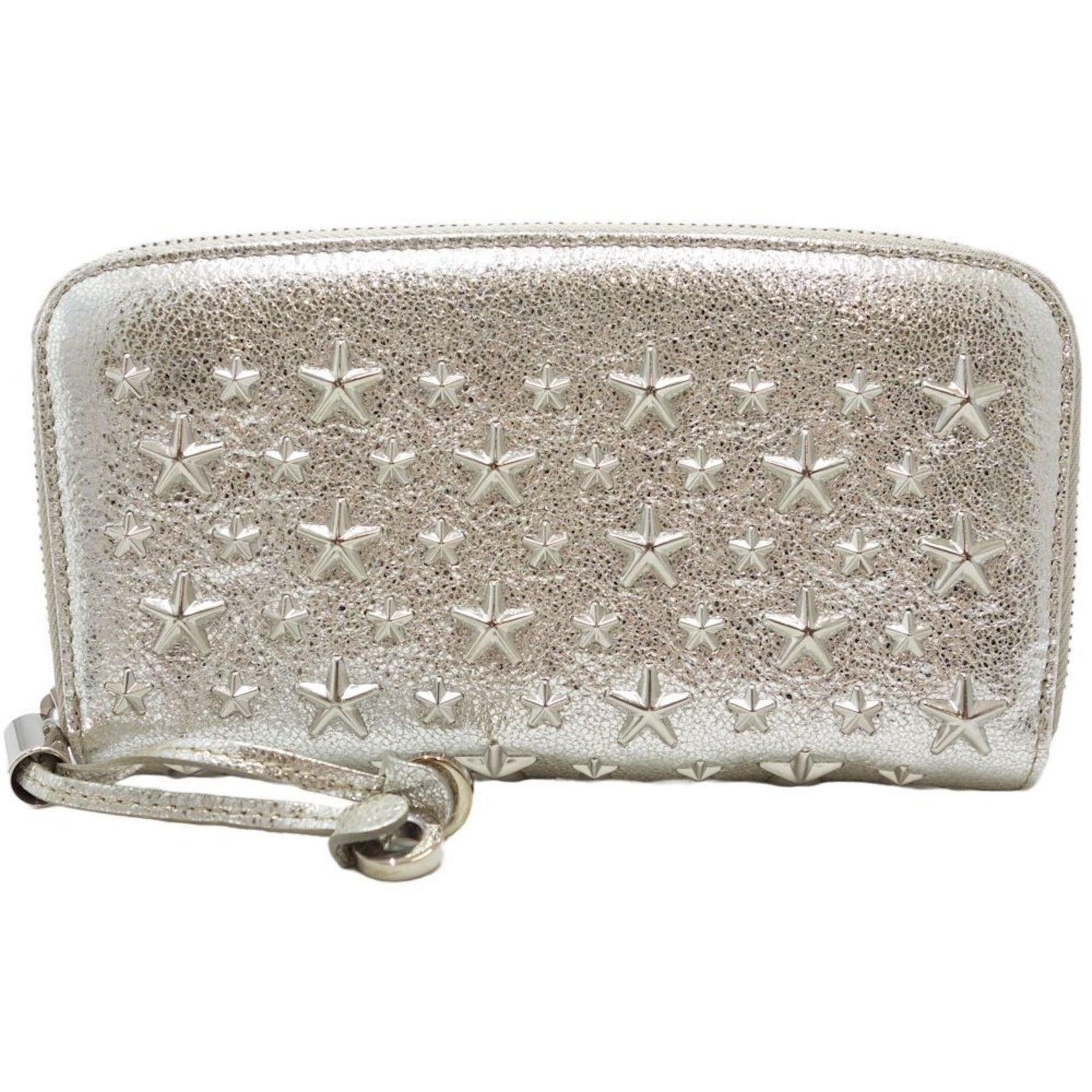 Jimmy Choo Round Zipper FILIPA Star Studs Long Wallet Leather Metallic Silver
