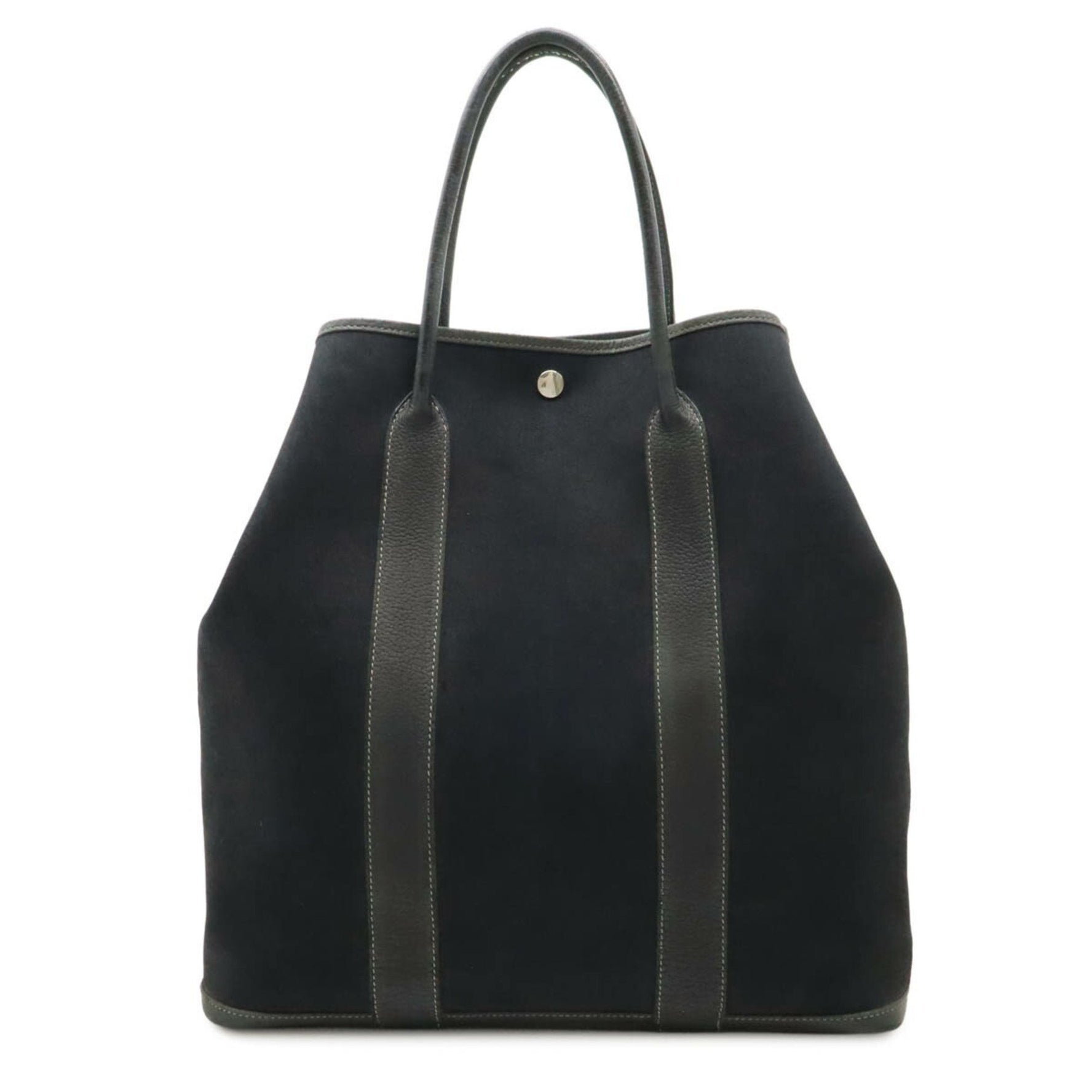 HERMES Garden File MM Tote Bag Large Handbag Toile Officier Leather Black H Stamp