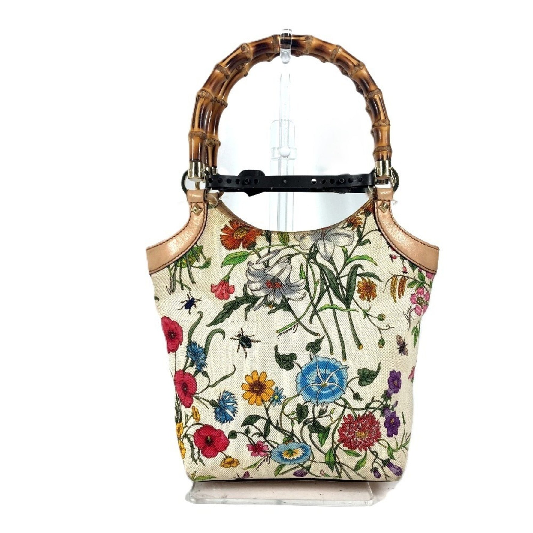 GUCCI Flora Bamboo Floral Flower Bag Tote Handbag Canvas Multicolor