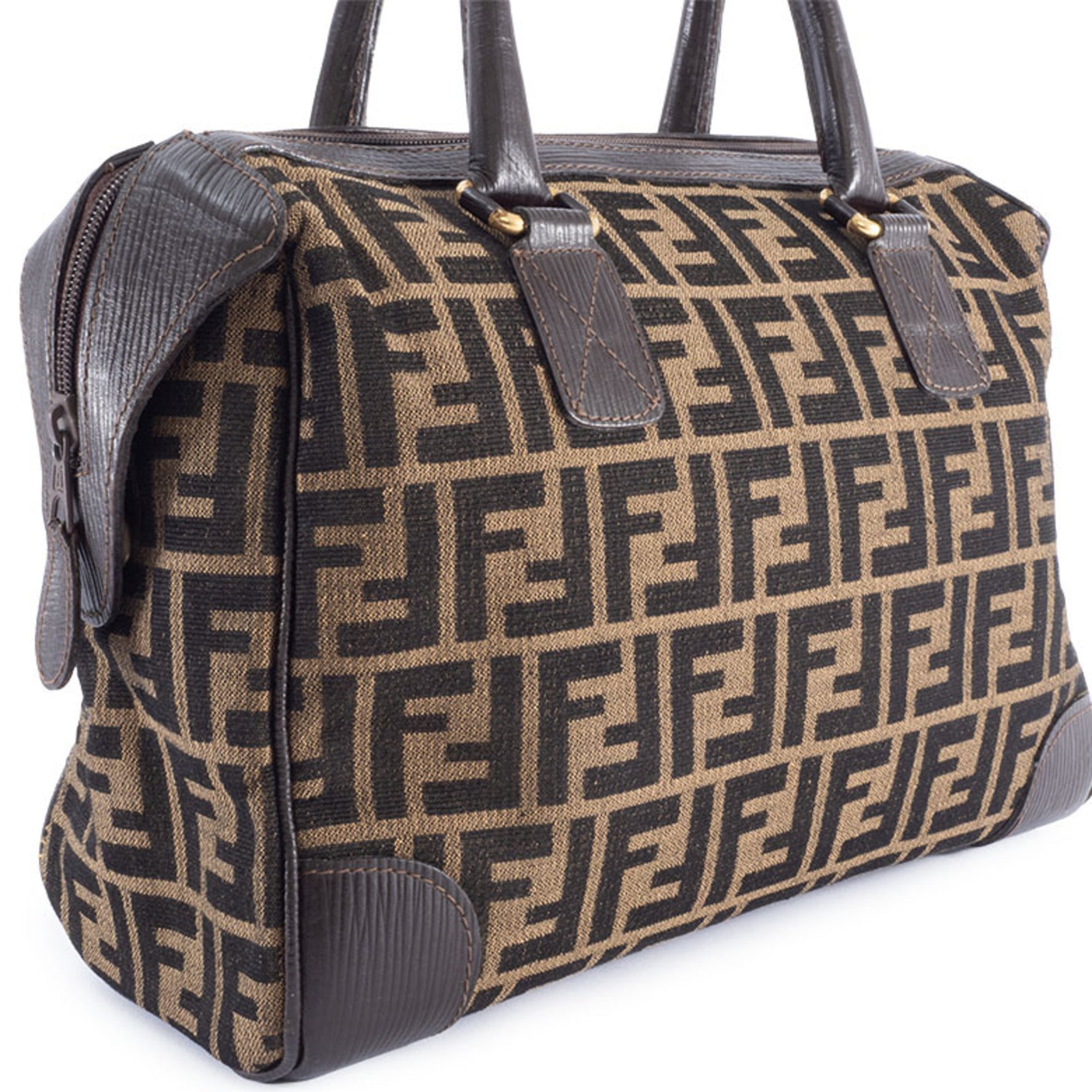 Fendi Zucca handbag in canvas and leather beige brown. Boston bag.
