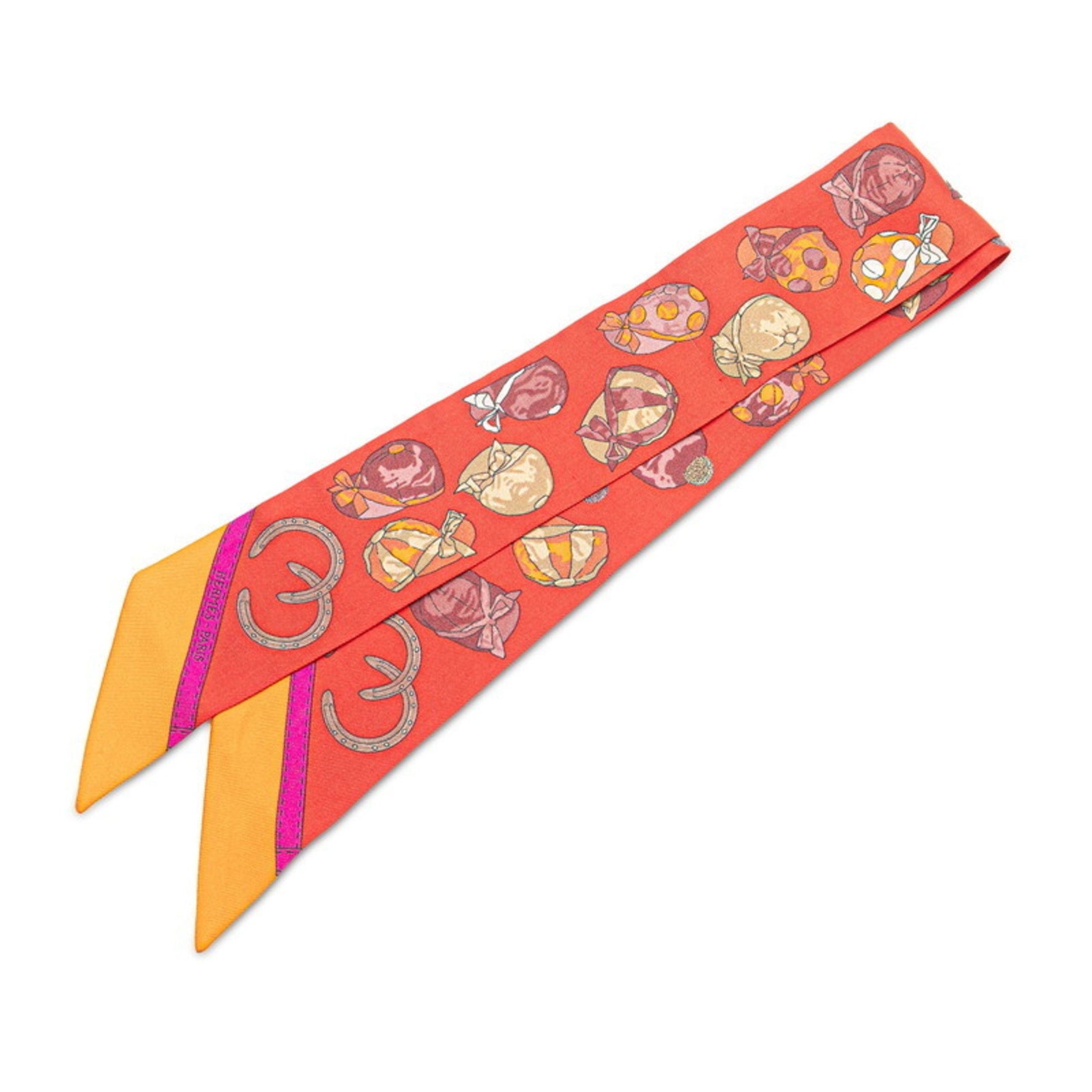 Hermes Hermès Twilly JOCKEY equestrian hat motif scarf/muffler in red and orange silk .